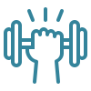 Icon of a raised fist gripping a dumbbell, symbolizing strength.