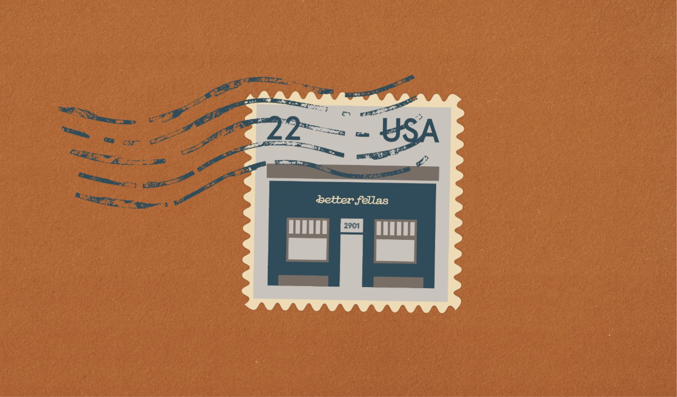 Better Fellas pay-per-click marketing agency illustrated postage stamp featuring navy storefront at 2901 on kraft brown background, designed by Unbound Collective