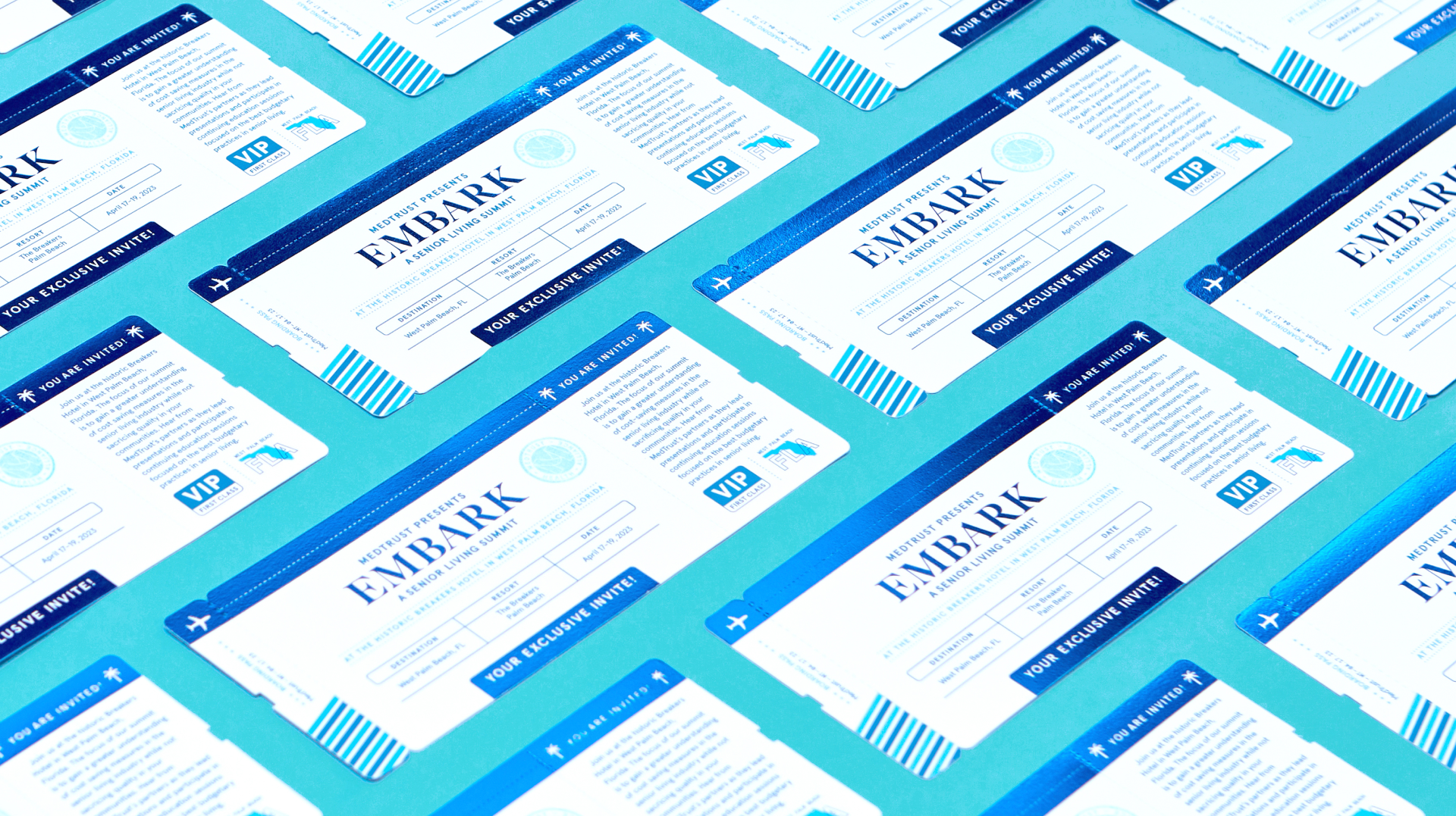 Letterpress-printed, foil-stamped and diecut copies of the Embark Senior Living Summit VIP invites for MedTrust Health Alliance in Fayetteville, Arkansas.