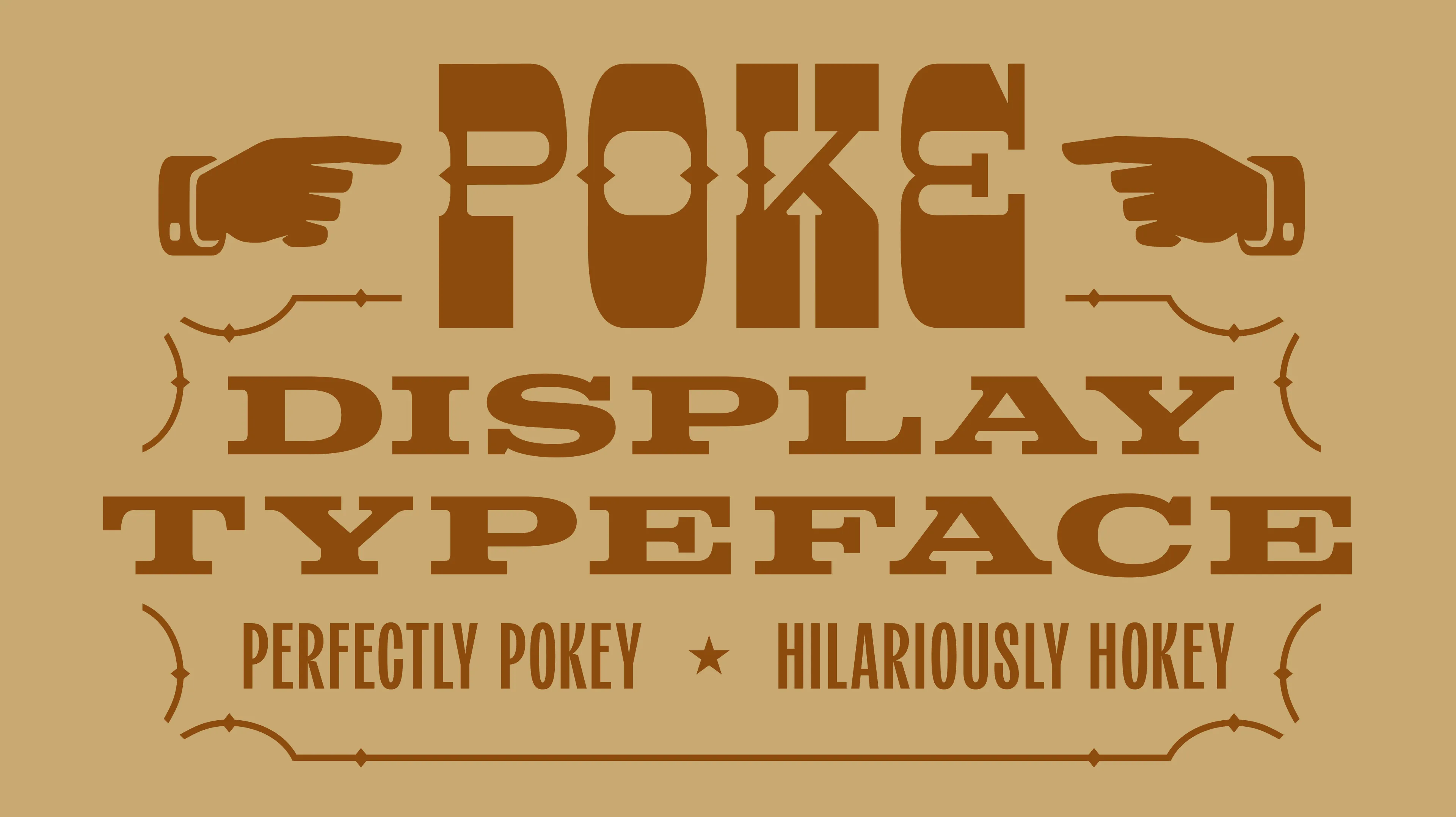Poco's 'Poke' western display typeface specimen with vintage pointing hand illustrations and decorative borders in brown on tan, designed by Unbound Collective