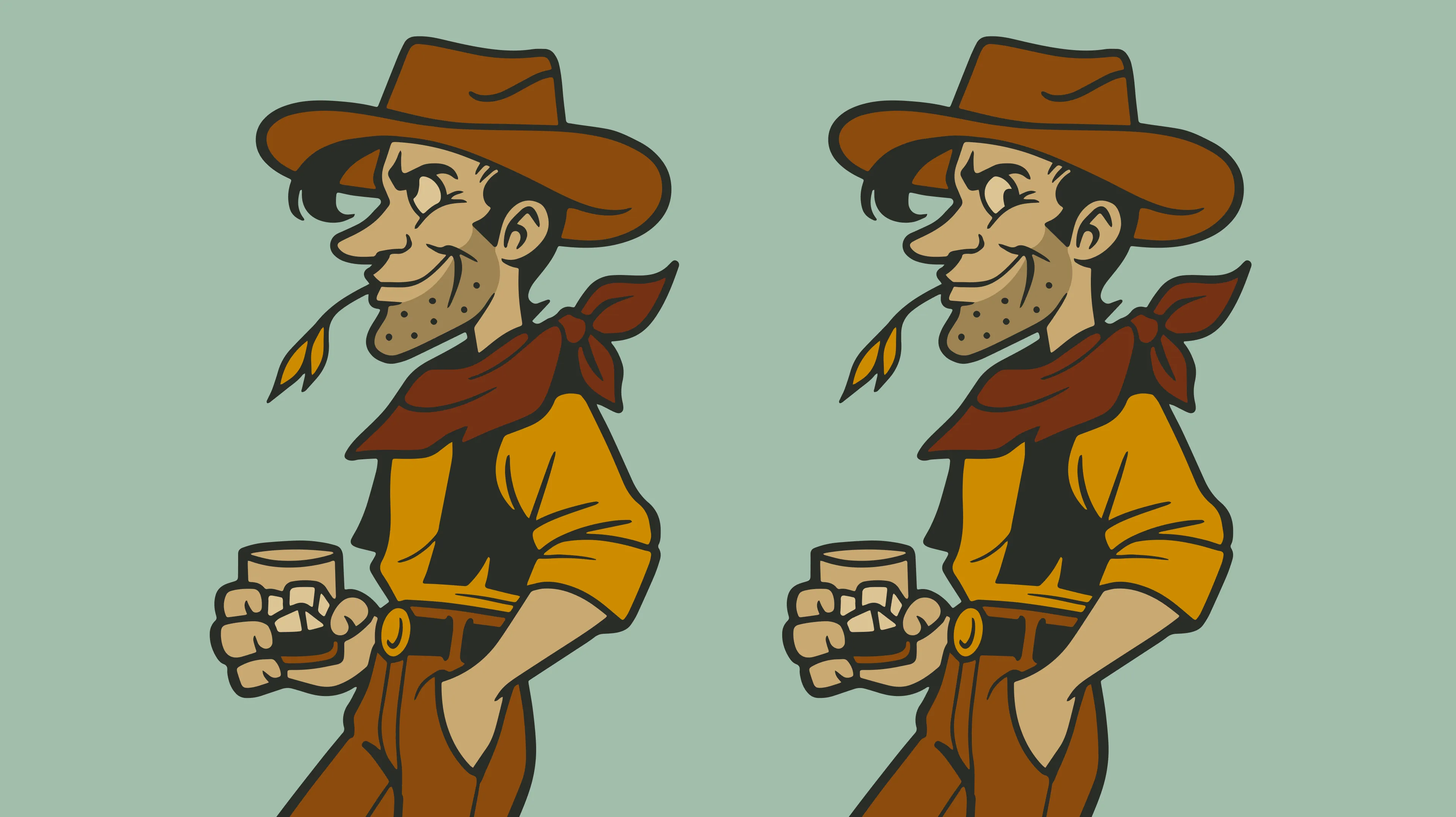 Poco's Beer Wine and Spirits retro cowboy mascot illustration in yellow and brown holding a whiskey glass, repeated pattern on sage green background, designed by Unbound Collective