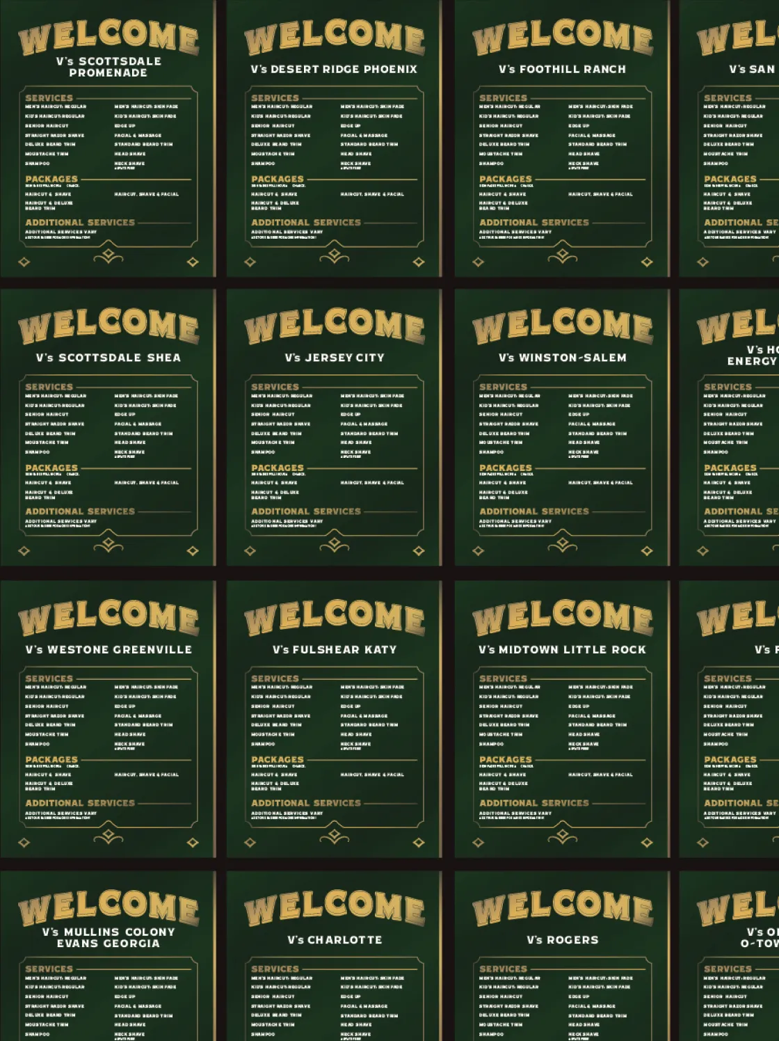 V's Barbershop franchise welcome menu board grid showing location-specific service menus in dark green and gold for Scottsdale, Desert Ridge, Jersey City, Winston-Salem, and other locations, designed by Unbound Collective