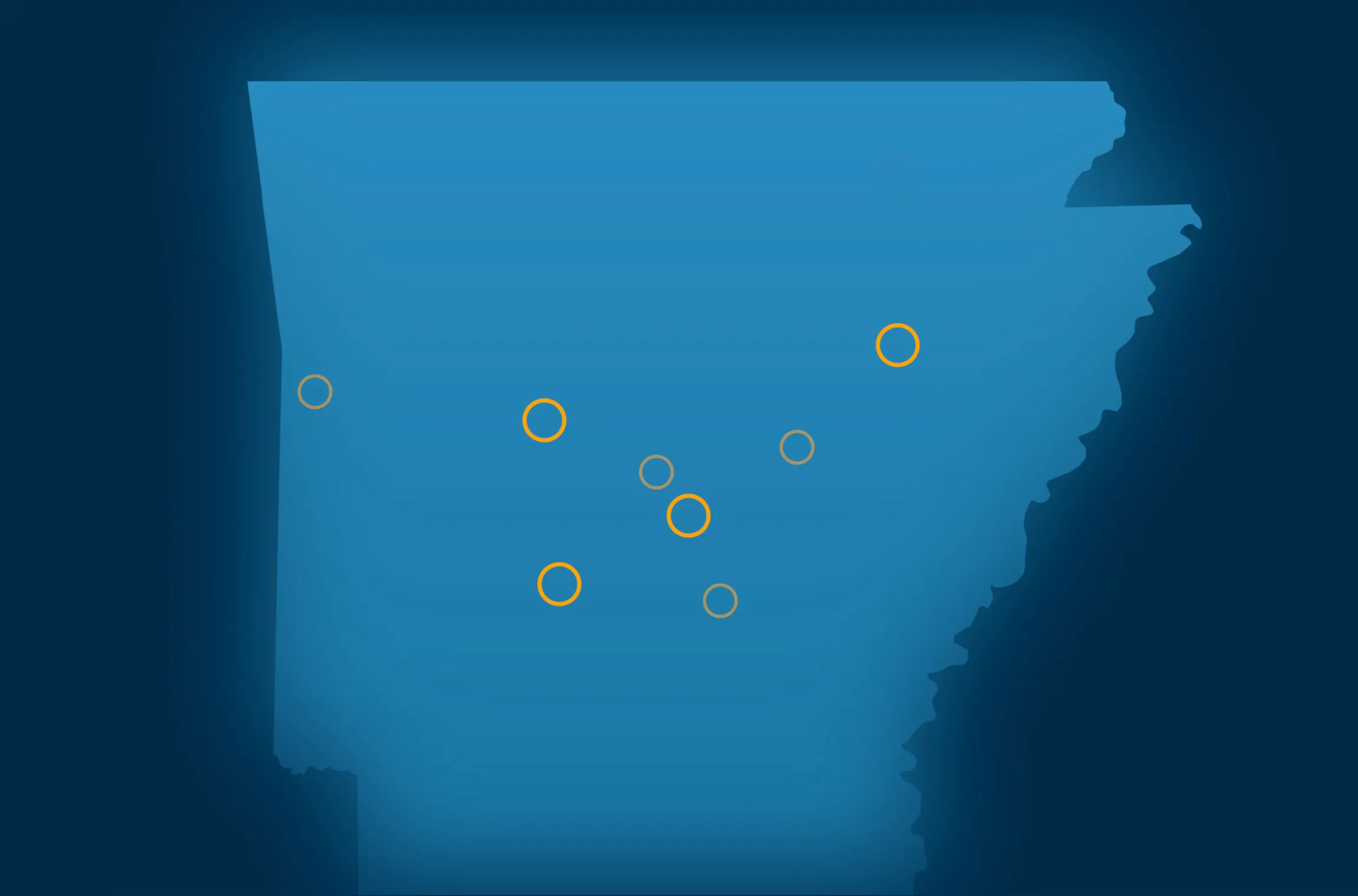 R&E Supply Arkansas state map showing distribution and branch locations marked with orange and gray location pins, created by Unbound Collective
