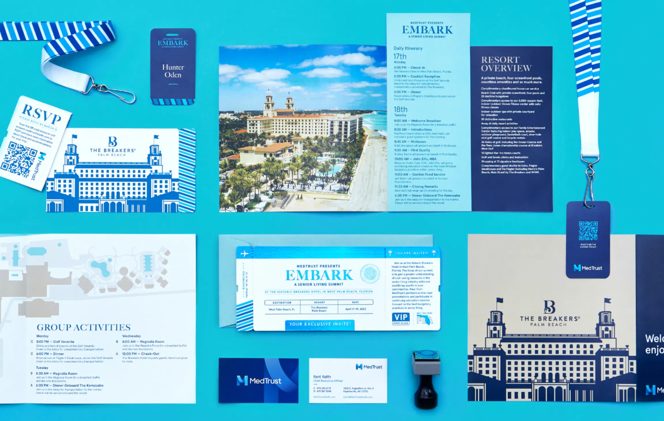 MedTrust Embark Senior Living Summit complete event collateral flatlay on cyan background including lanyards, badge, RSVP card, boarding pass invite, itinerary, resort overview, business cards, and Breakers welcome panel, designed by Unbound Collective