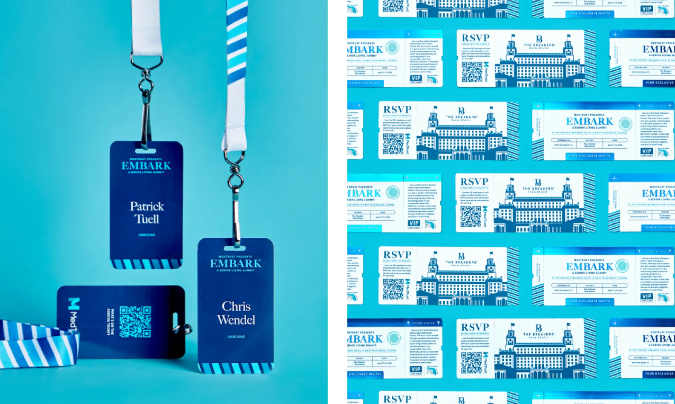 MedTrust Embark Senior Living Summit personalized attendee lanyards and badges for Patrick Tuell and Chris Wendel alongside tiled RSVP and boarding pass invitation pattern, designed by Unbound Collective