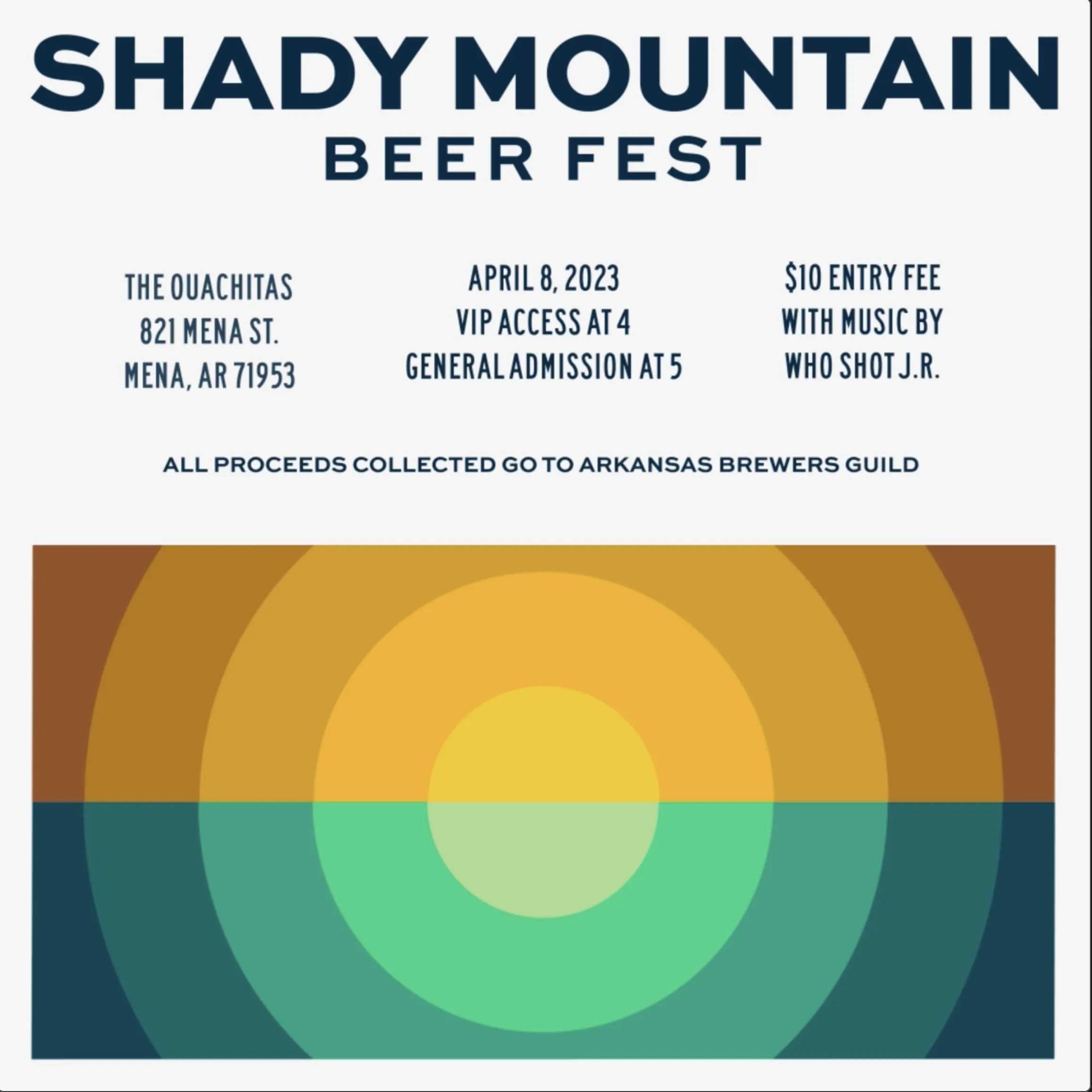 Shady Mountain Beer Fest social media event poster with retro concentric circle sunrise illustration showing April 8 2023 details at The Ouachitas Mena Arkansas benefiting Arkansas Brewers Guild, designed by Unbound Collective