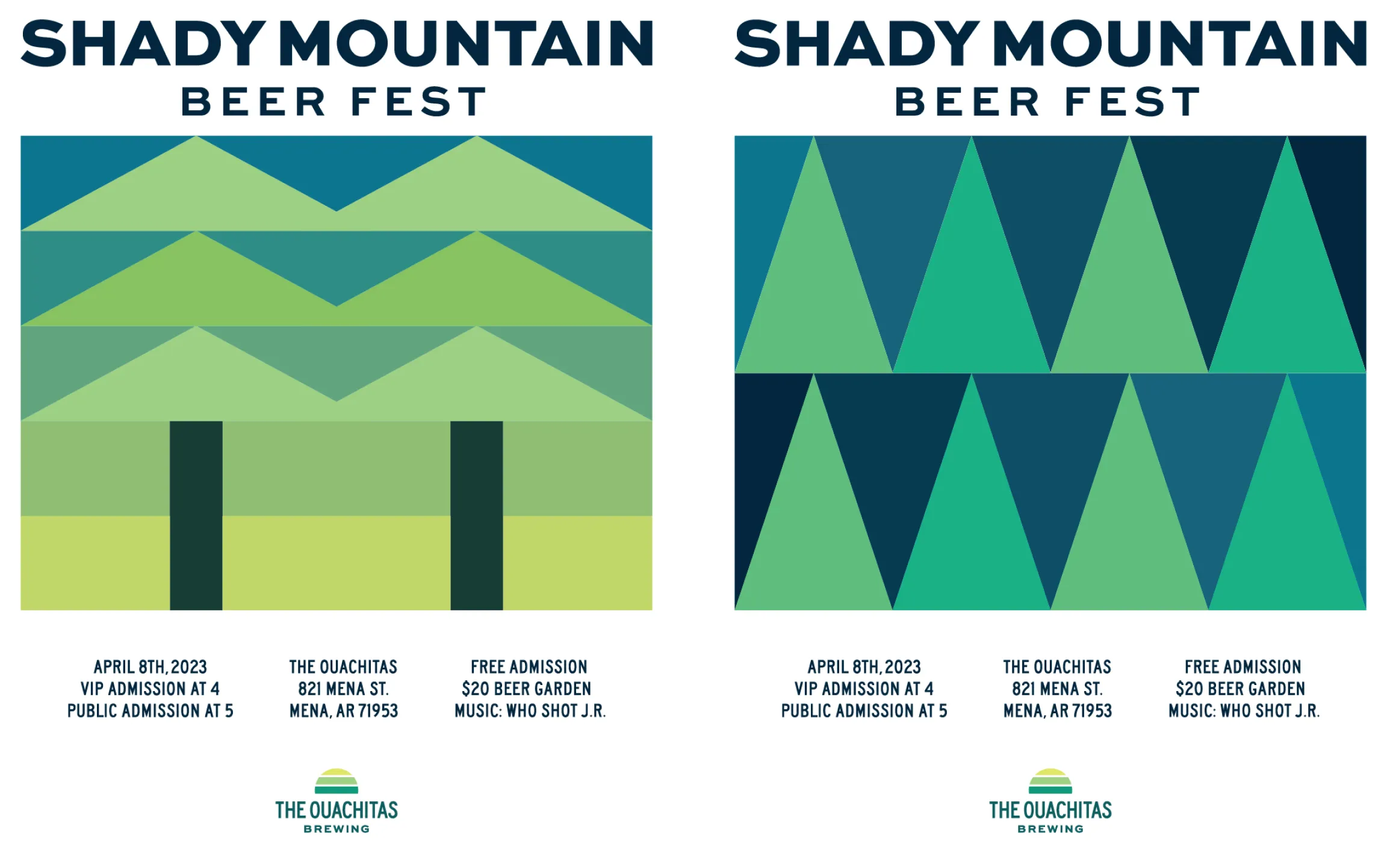 Shady Mountain Beer Fest dual poster designs in green and teal geometric mountain patterns for April 8th 2023 event at The Ouachitas in Mena Arkansas, designed by Unbound Collective