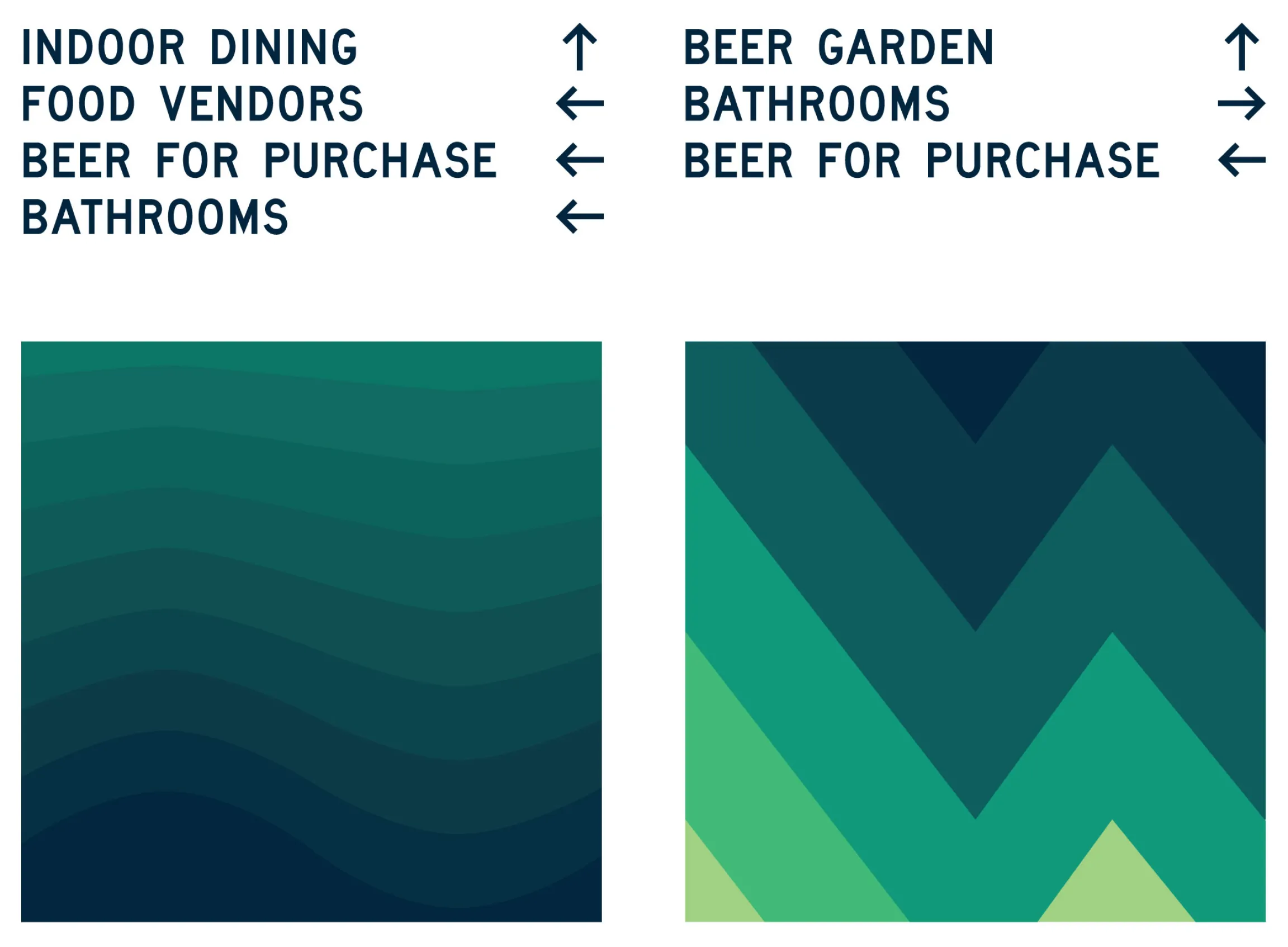 Shady Mountain Beer Fest event wayfinding signage designs directing guests to indoor dining, food vendors, beer garden, bathrooms, and beer for purchase, designed by Unbound Collective