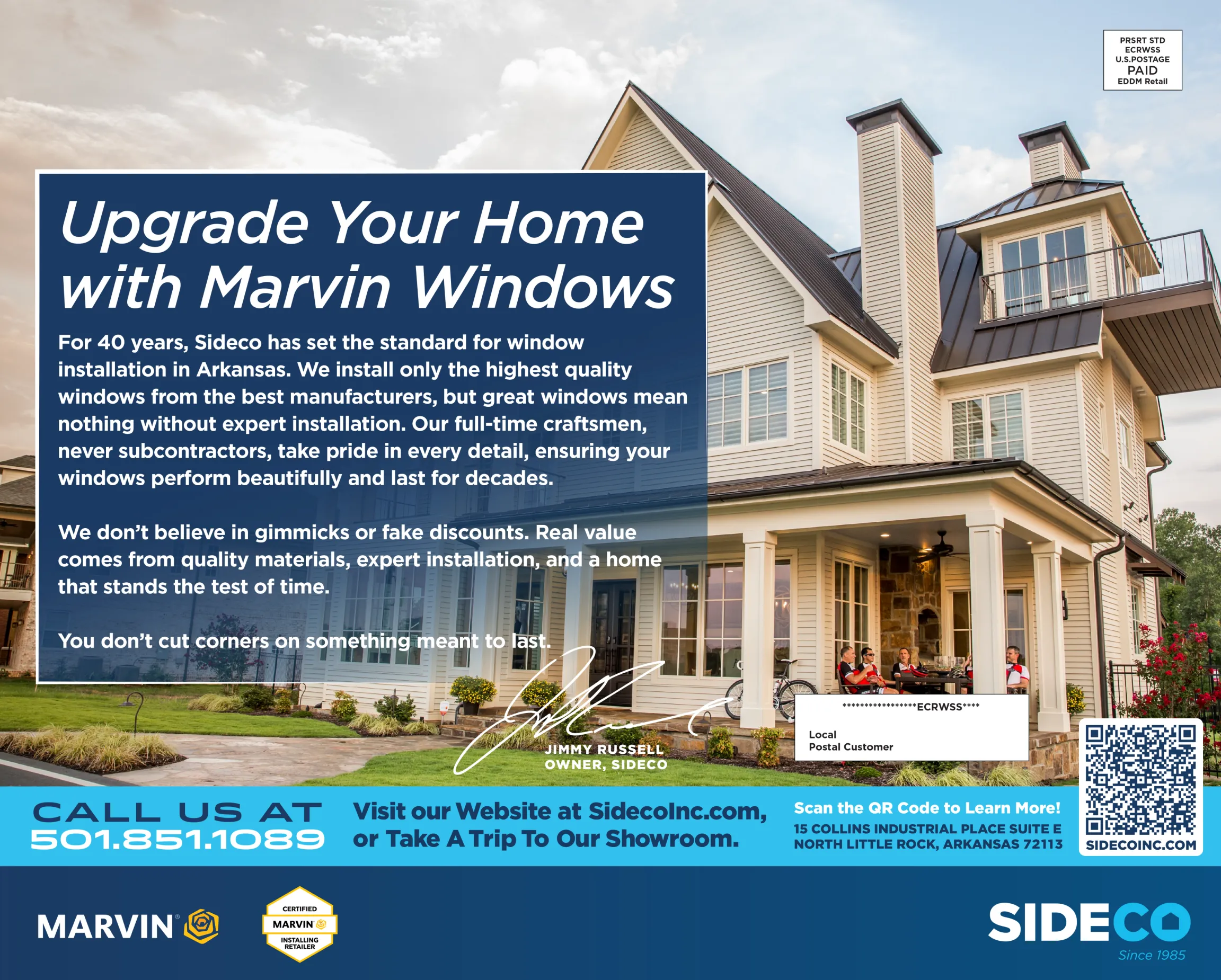 Sideco EDDM direct mail postcard promoting Marvin window installation in Arkansas with luxury home exterior photo and owner Jimmy Russell signature, designed by Unbound Collective