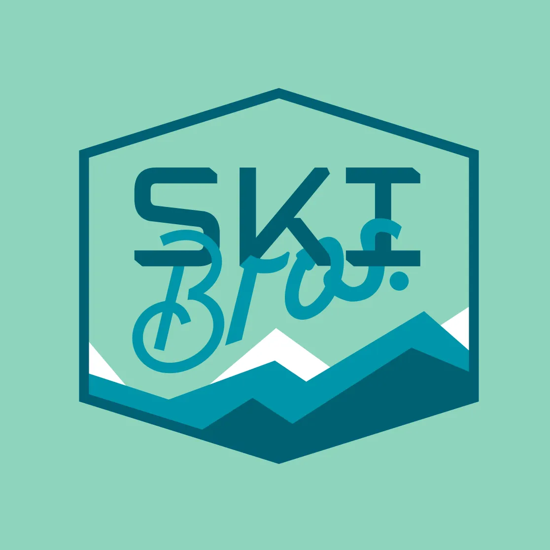Ski Brothers HVAC hexagonal badge logo mark in teal featuring SKI Bros script lettering with a bicycle illustration and layered mountain silhouette at the base, brand identity design by Unbound Collective