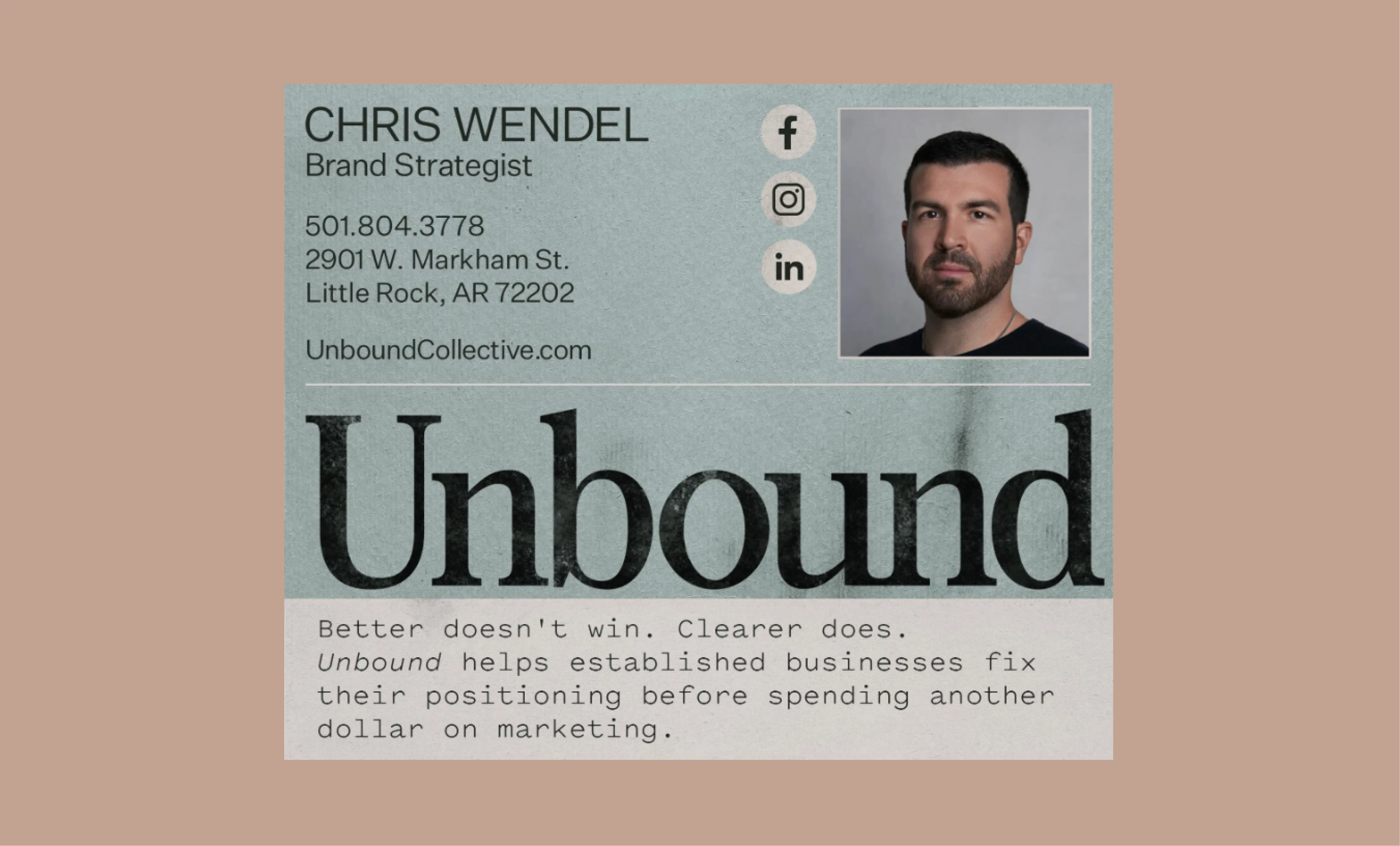 Unbound Collective digital contact card for Chris Wendel Brand Strategist featuring his headshot, contact details, social icons, and large Unbound logotype on a sage textured background, brand design by Unbound Collective