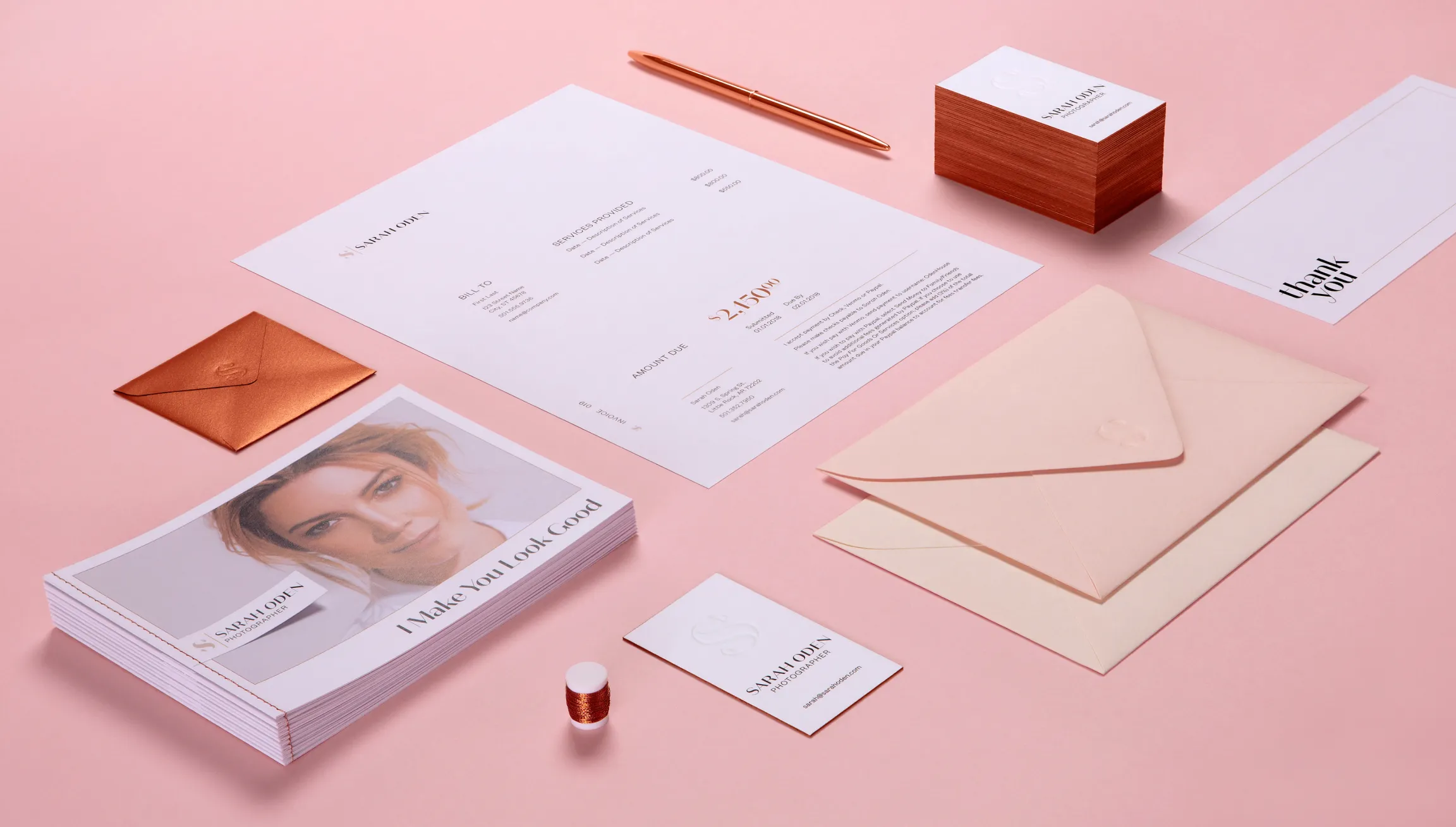 Branded stationery and print collateral flatlay graphic design by Unbound Collective
