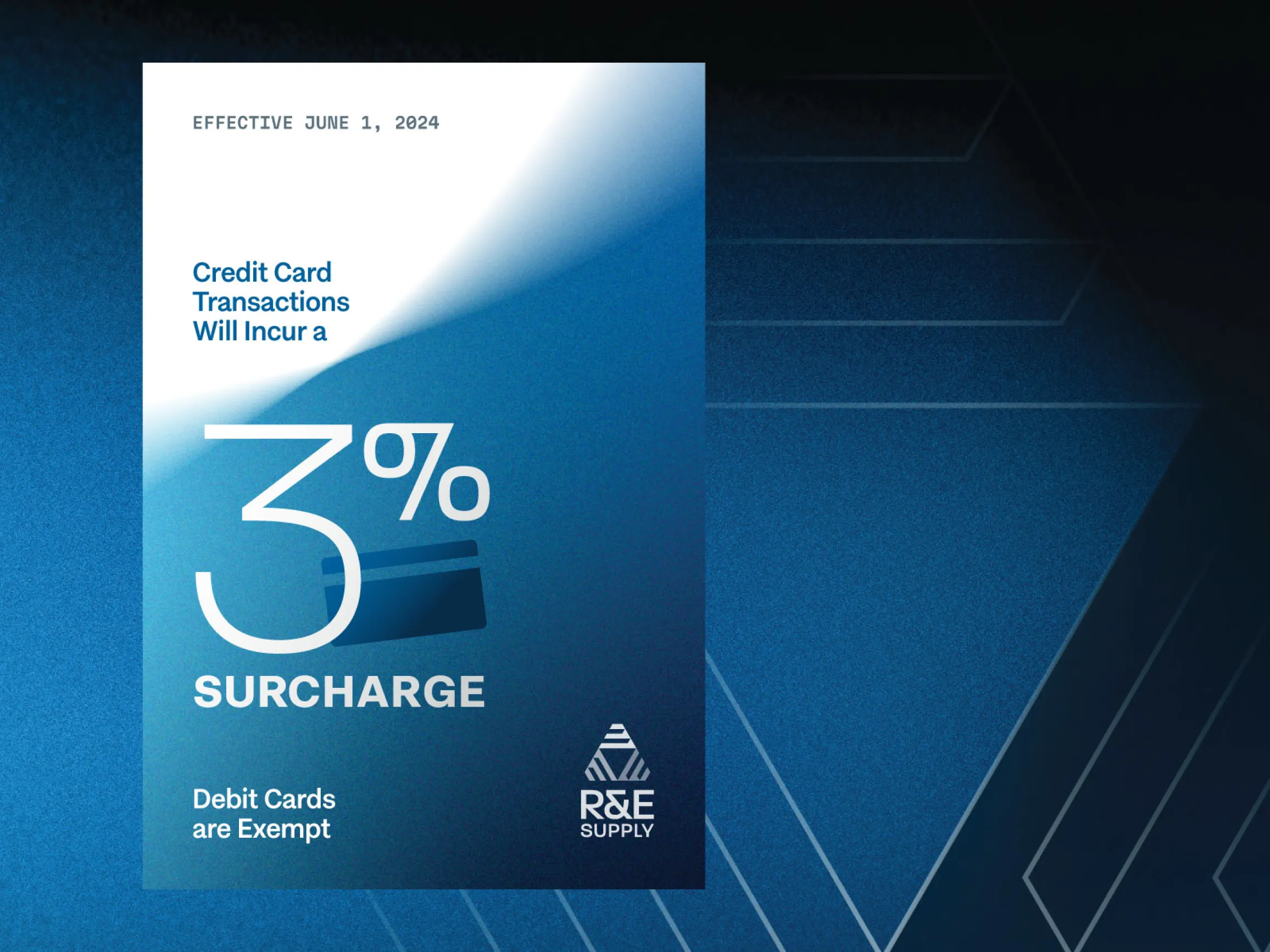 R&E Supply credit card transaction 3 percent surcharge notice poster with large display numeral and credit card illustration on a blue gradient background with Effective June 1 2024 dateline and Debit Cards are Exempt footnote, print and graphic design by Unbound Collective