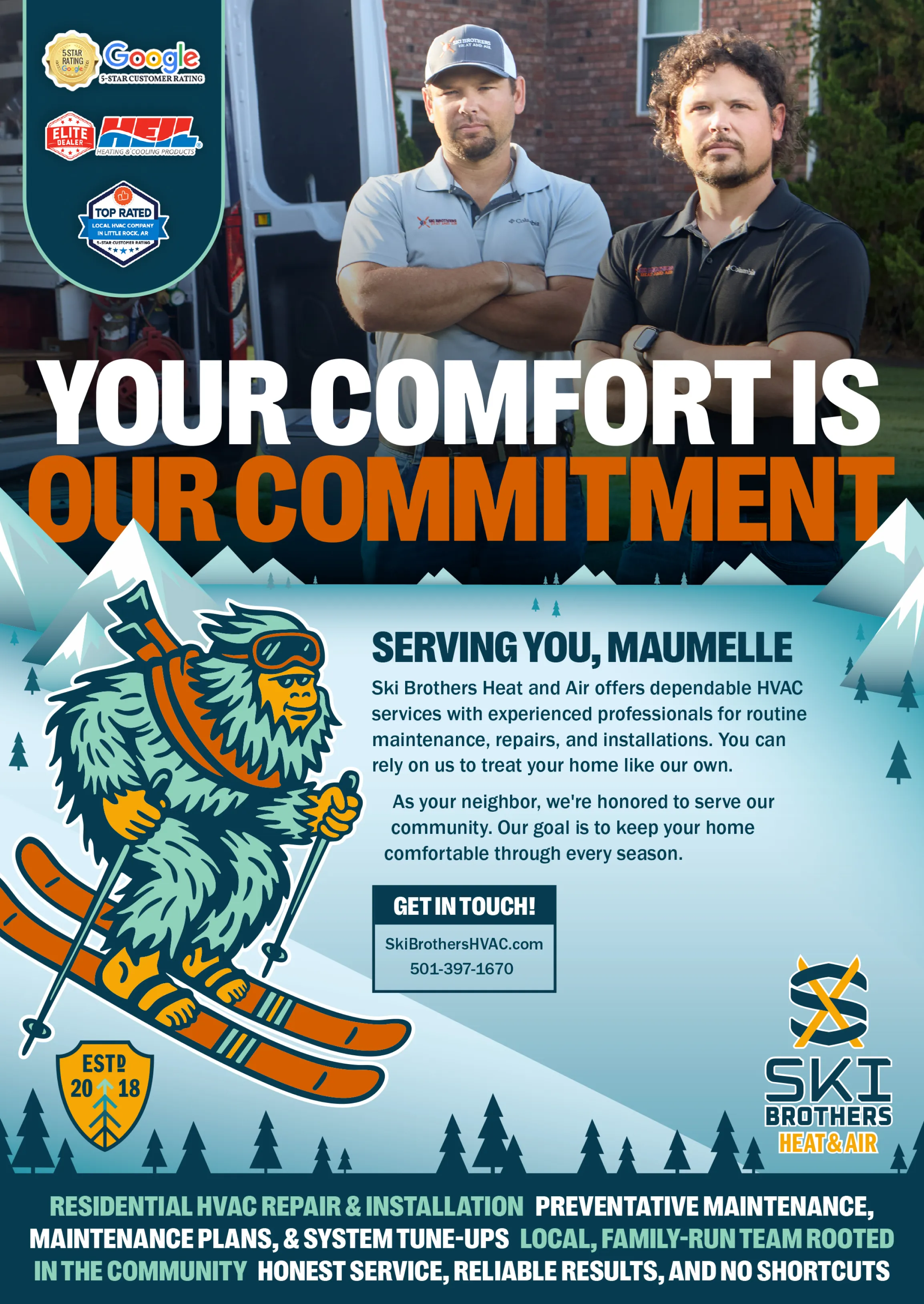 Ski Brothers Heat and Air full-page Maumelle city guide advertisement featuring two owners standing in front of a service van, skiing bigfoot mascot illustration, mountain scenery background, Google 5-star and Heil Elite Dealer badges, and Your Comfort Is Our Commitment headline in teal and orange, print and graphic design by Unbound Collective
