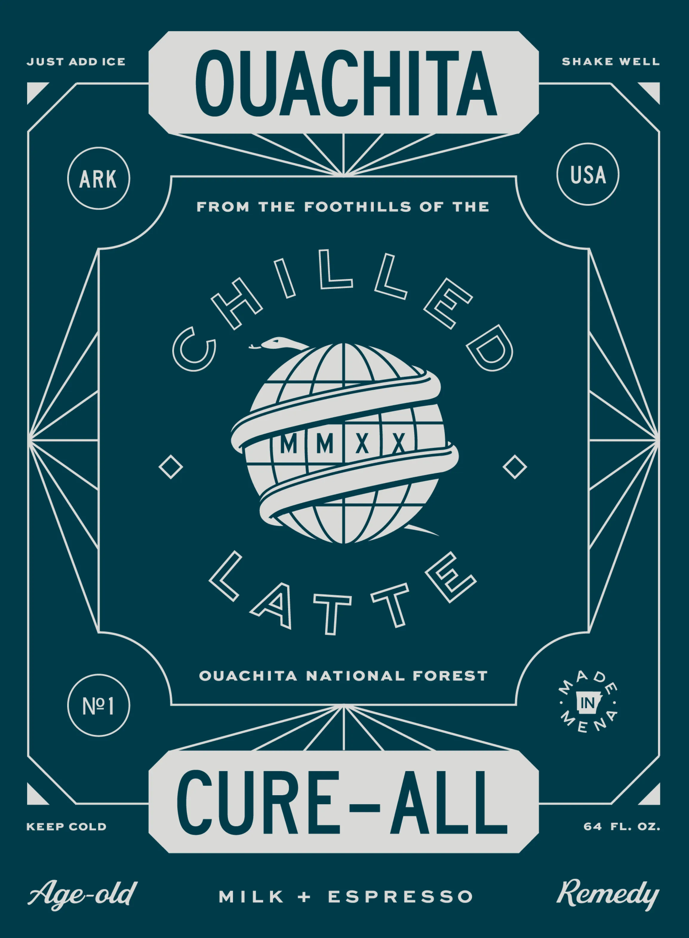The Ouachitas Cure-All Chilled Latte 64 fl oz bottle label design featuring art nouveau border ornaments, globe with snake illustration, and MMXX Roman numeral stamp in teal and cream on a dark teal background, packaging design by Unbound Collective