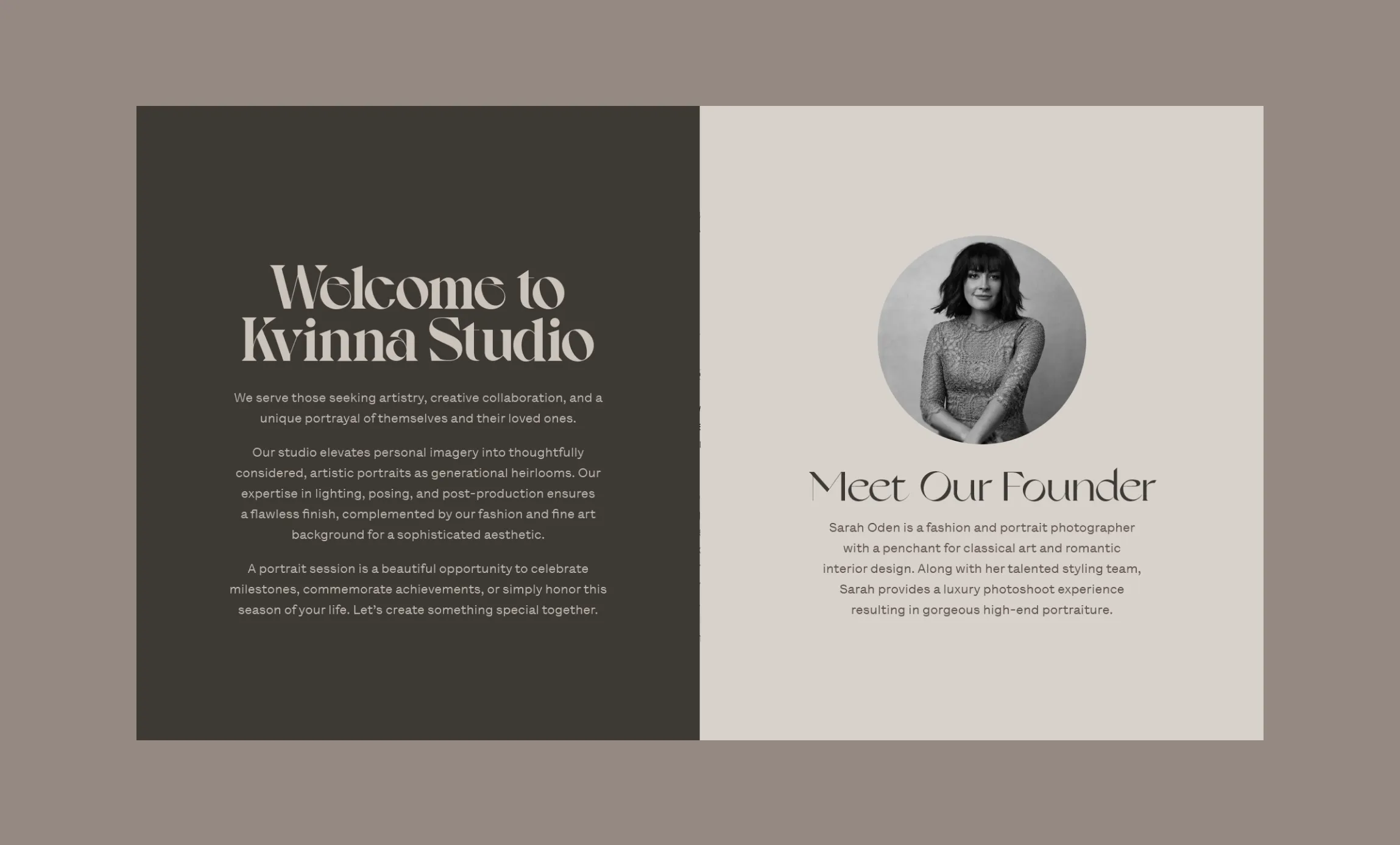 Kvinna Studio welcome page split layout with dark olive left panel introducing the studio and cream right panel featuring founder Sarah Oden portrait bio, web design by Unbound Collective