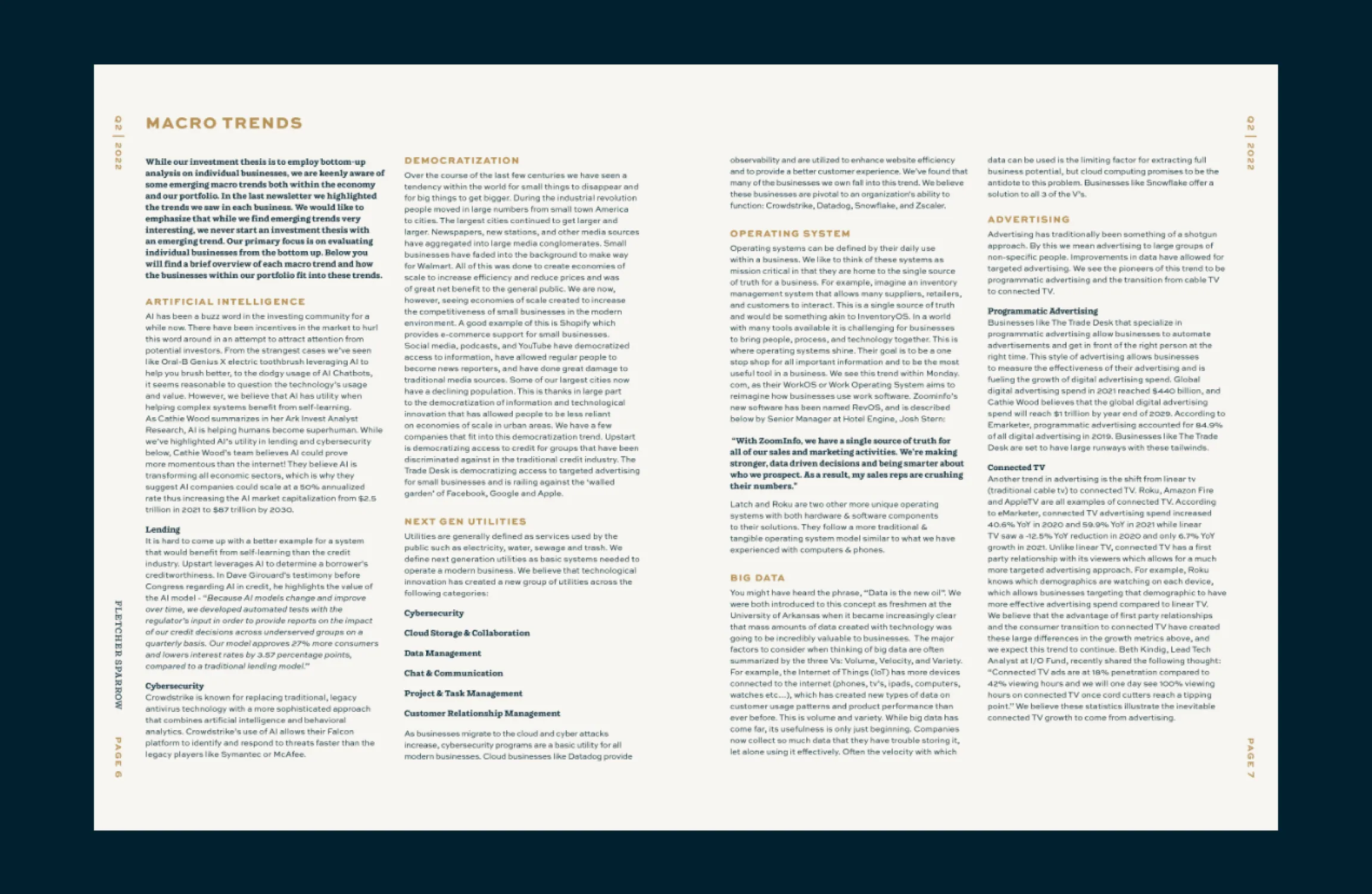 Fletcher Sparrow Capital Management Macro Trends quarterly investor newsletter design by Unbound Collective with multi-column editorial layout