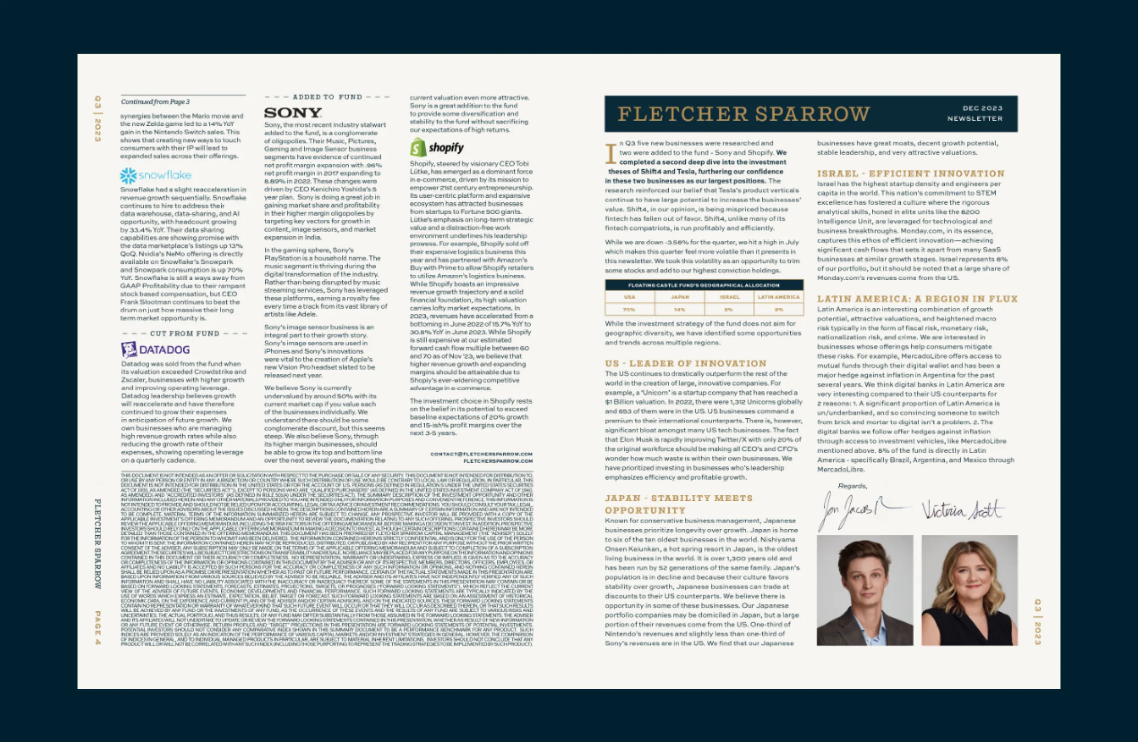 Fletcher Sparrow Capital Management quarterly investor newsletter design by Unbound Collective featuring fund analysis editorial layout
