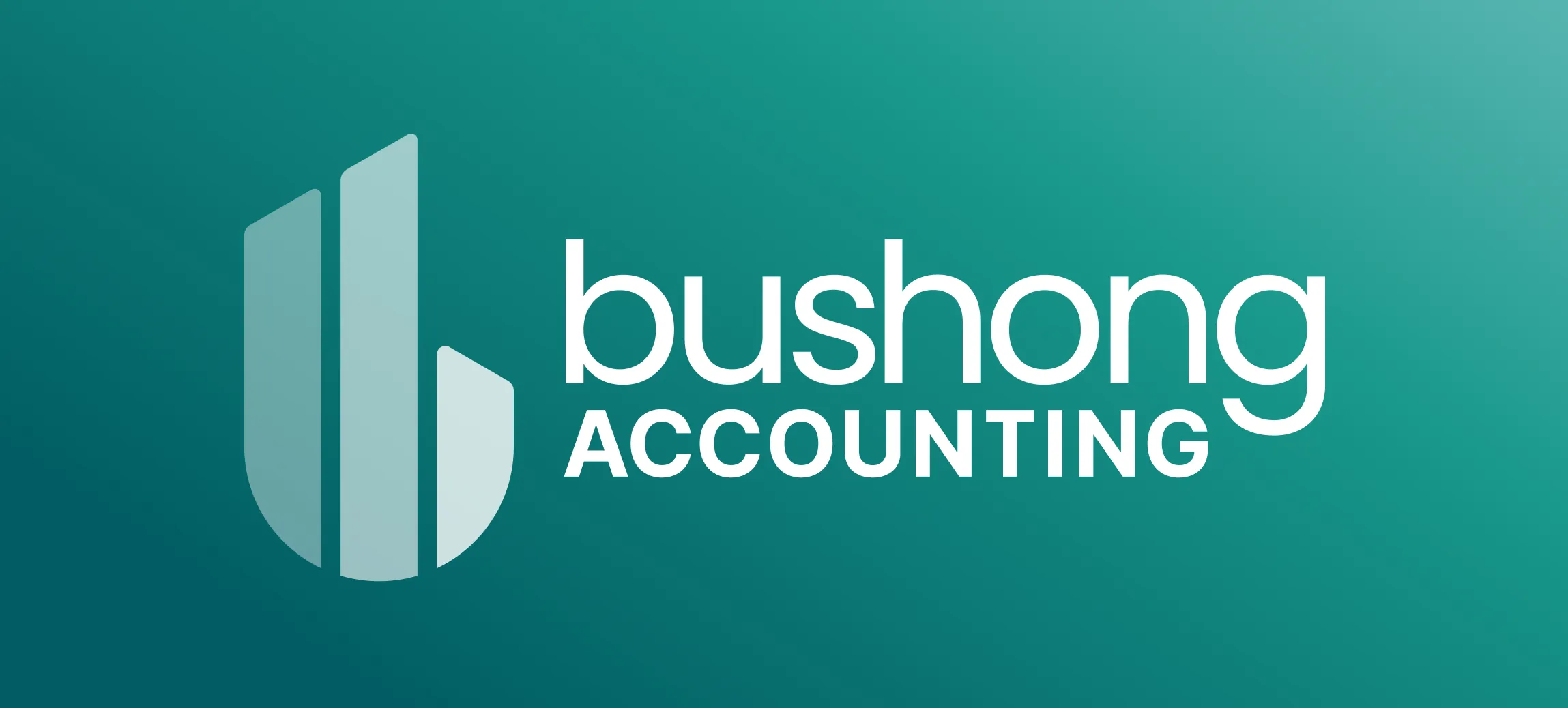 Bushong Accounting horizontal logo with stacked bar chart icon and white wordmark on teal gradient background, brand identity designed by Unbound Collective