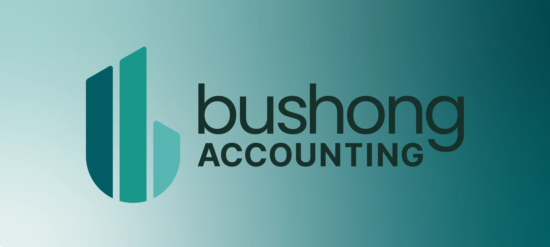 Bushong Accounting horizontal logo with stacked bar chart icon and white wordmark on teal gradient background, brand identity designed by Unbound Collective