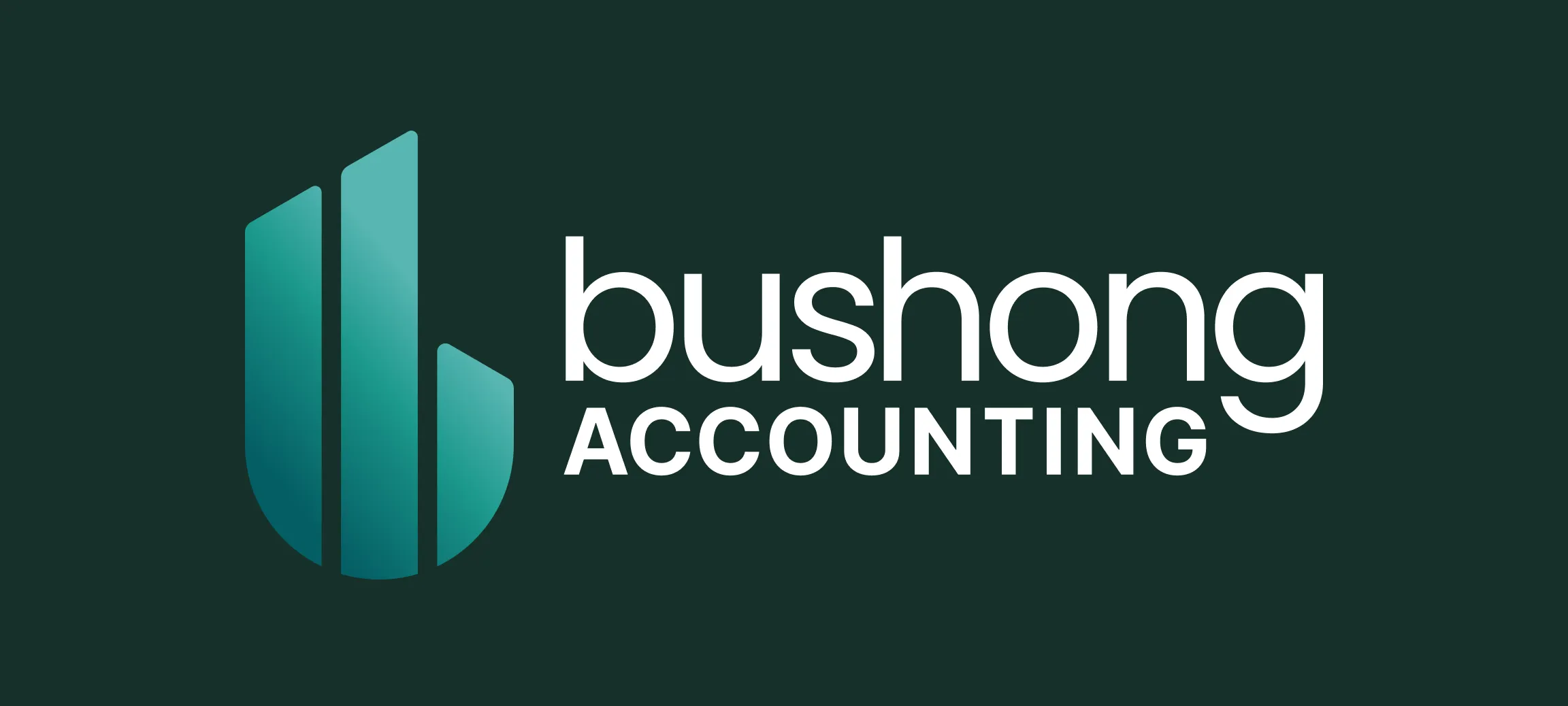 Bushong Accounting horizontal logo with stacked bar chart icon and white wordmark on teal gradient background, brand identity designed by Unbound Collective
