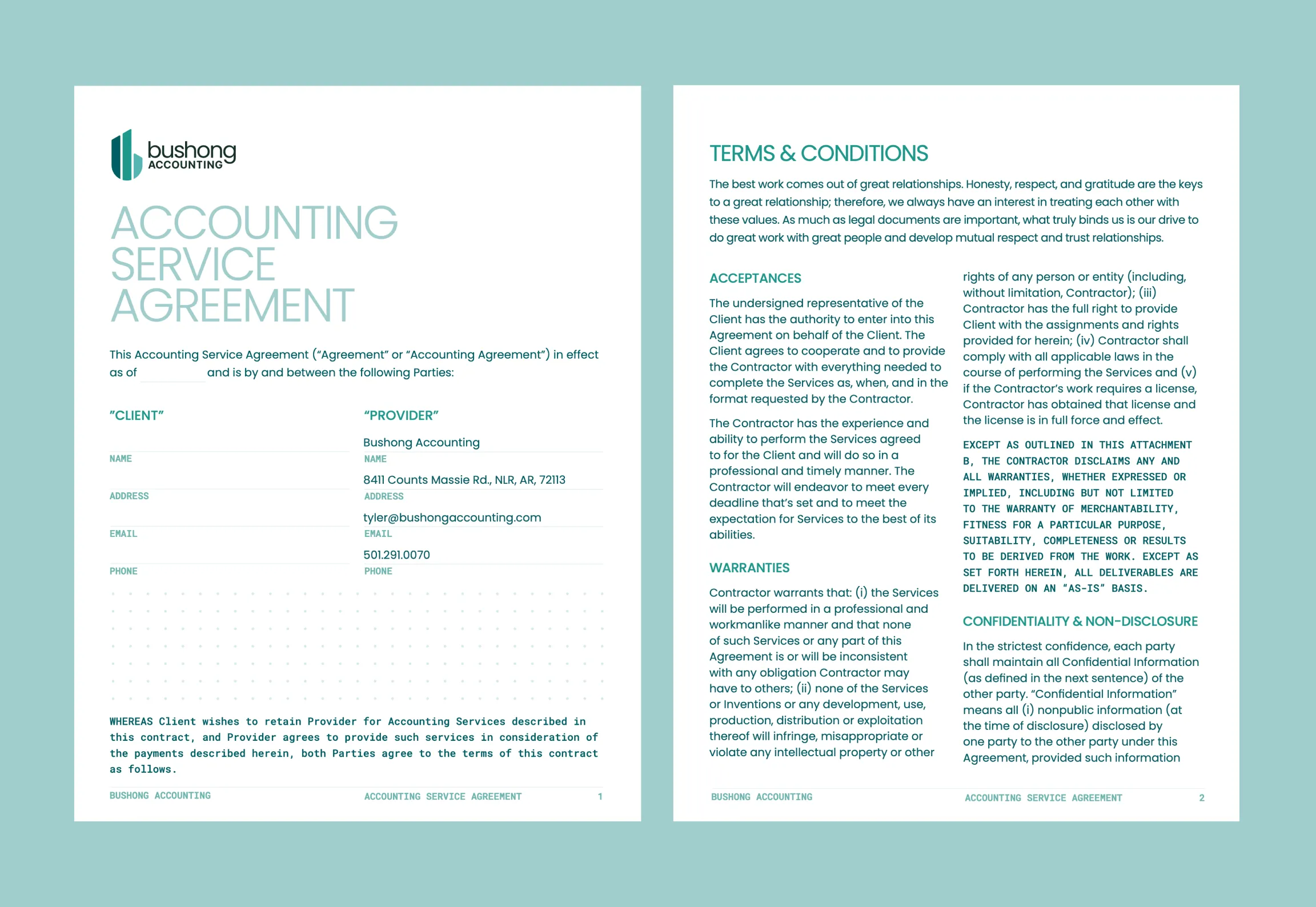 Bushong Accounting two-page accounting service agreement document spread with teal typography, client and provider fields, and terms and conditions including acceptances, warranties, and confidentiality sections, print design by Unbound Collective