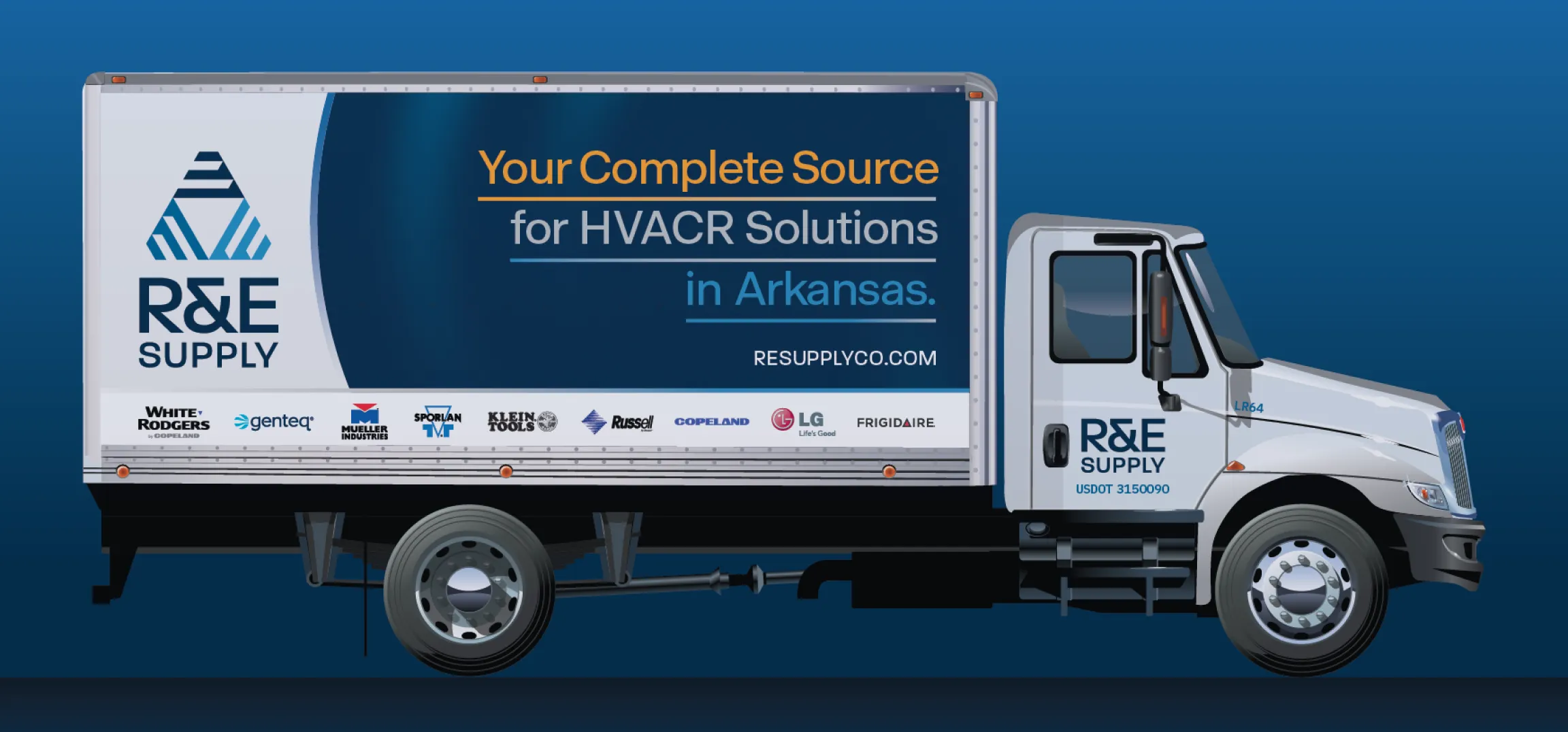 R&E Supply box truck wrap mockup showing left side with logo mark, HVACR Solutions positioning statement, website URL, and vendor logo row on navy and white design on blue gradient background, vehicle branding by Unbound Collective