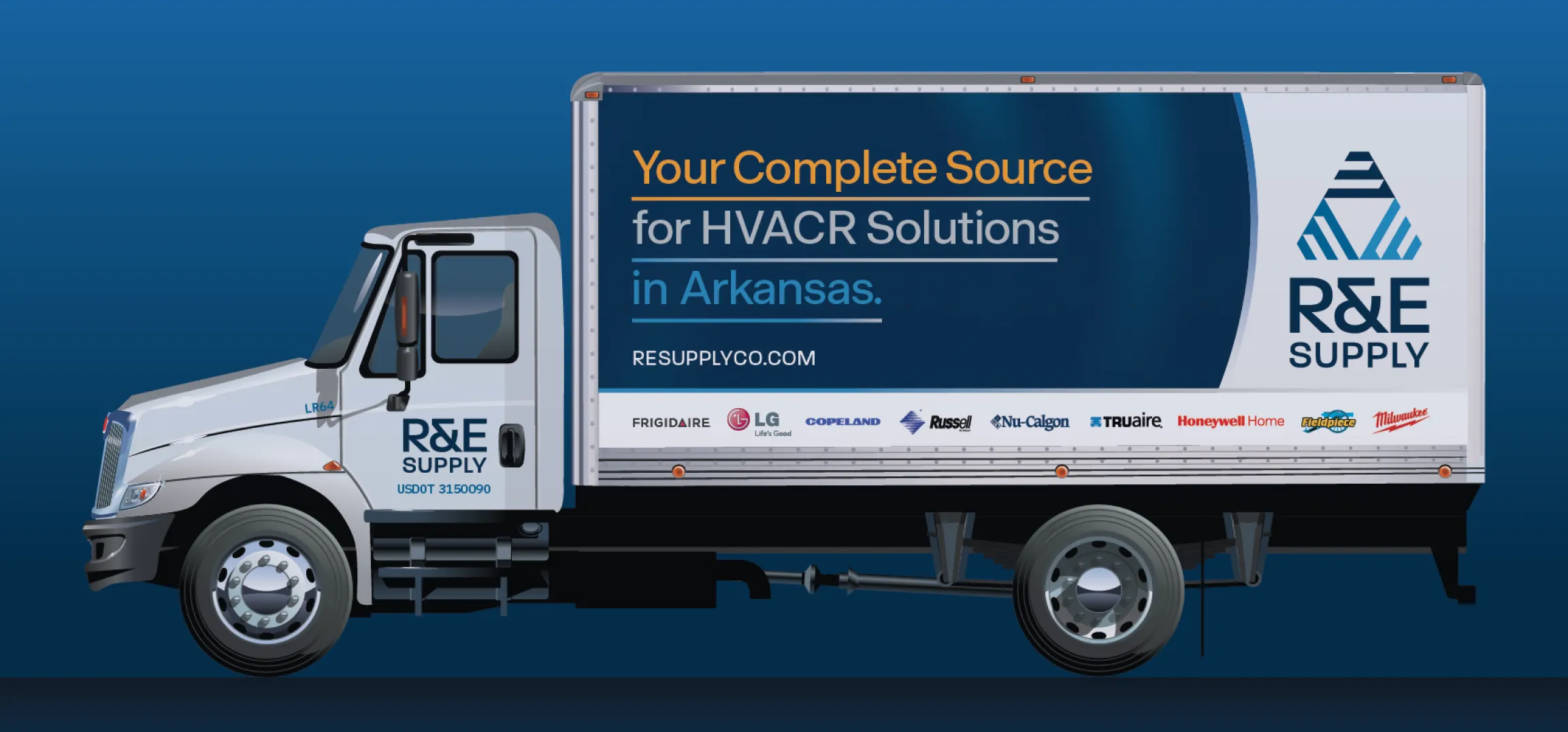 R&E Supply box truck wrap mockup showing right side with large logo mark on white panel, HVACR Solutions positioning statement, and expanded vendor logo row including Milwaukee and Honeywell on navy and white design, vehicle branding by Unbound Collective