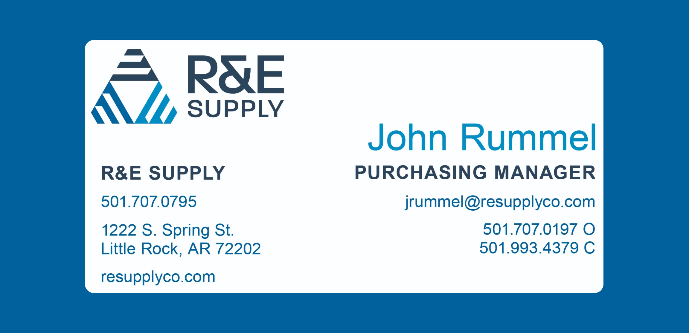 R&E Supply business card for John Rummel Purchasing Manager showing logo mark, Little Rock AR address, and contact details on white with blue background, print design by Unbound Collective