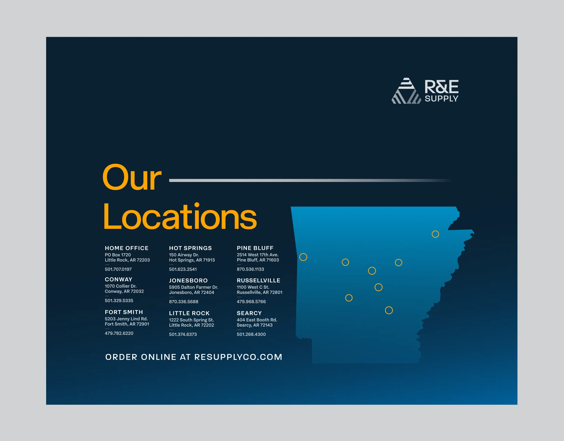 R&E Supply sales folder cover reading Your Complete Source for HVACR Solutions in Arkansas with Expert Guidance, Unmatched Service, and Quality Parts taglines and logo mark on dark navy background, print design by Unbound Collective