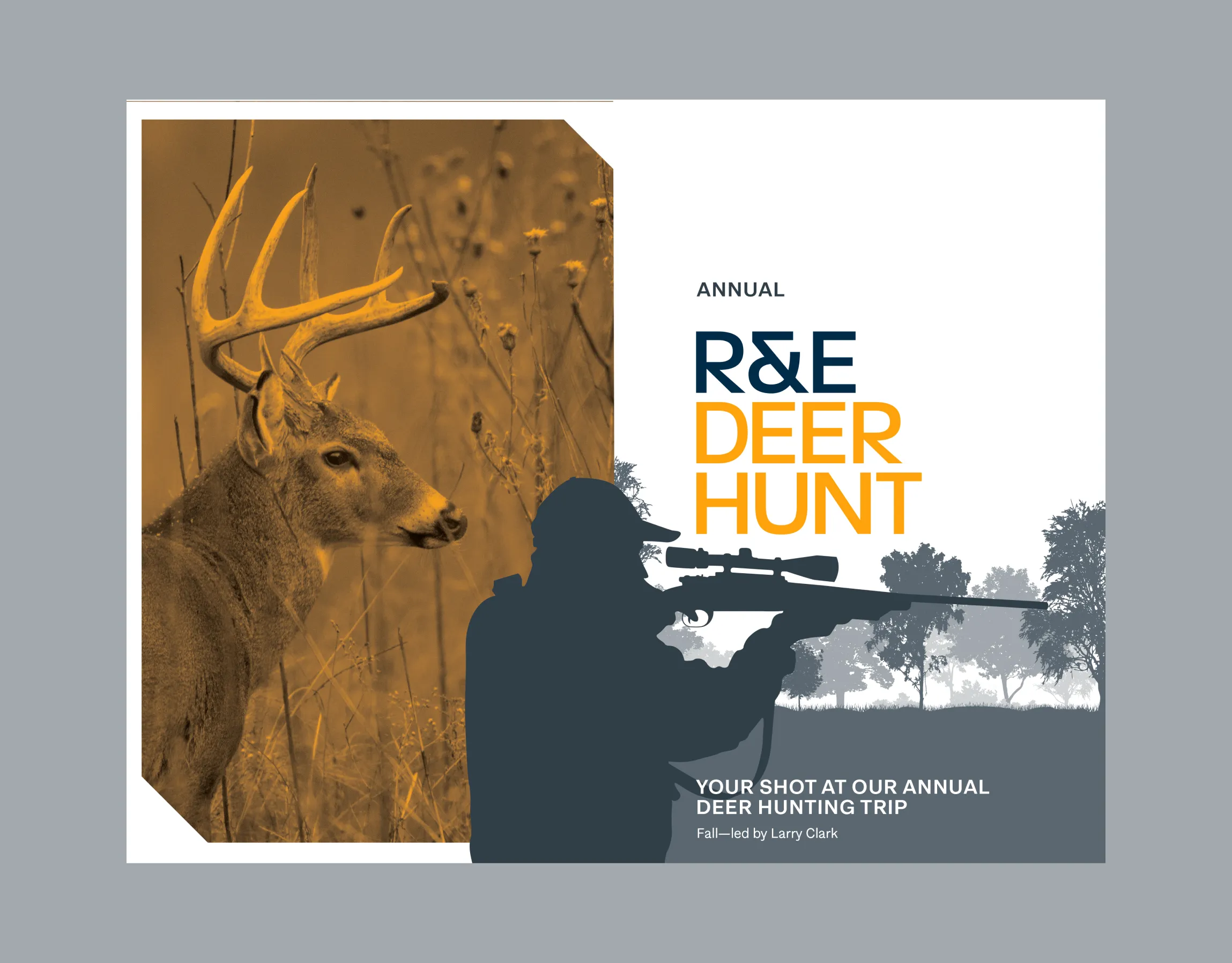 R&E Supply Annual Duck Hunt event flyer with hunter silhouette, flying mallard ducks on orange background, and Your Shot at Our Annual Duck Hunting Trip headline in navy and orange, print design by Unbound Collective