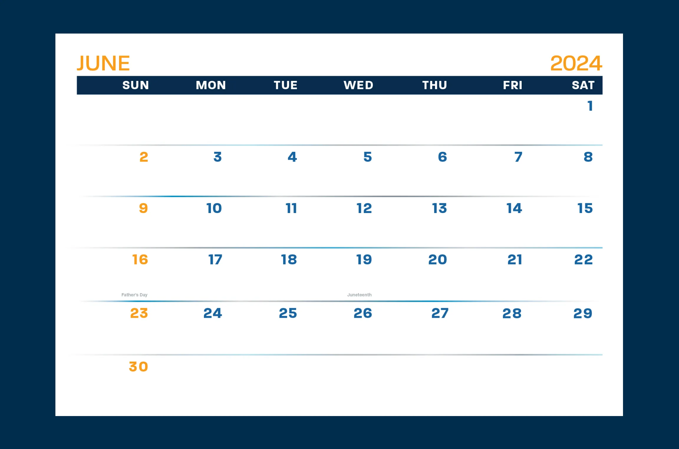 R&E Supply branded June 2024 calendar with navy, blue, and orange color palette, print design by Unbound Collective