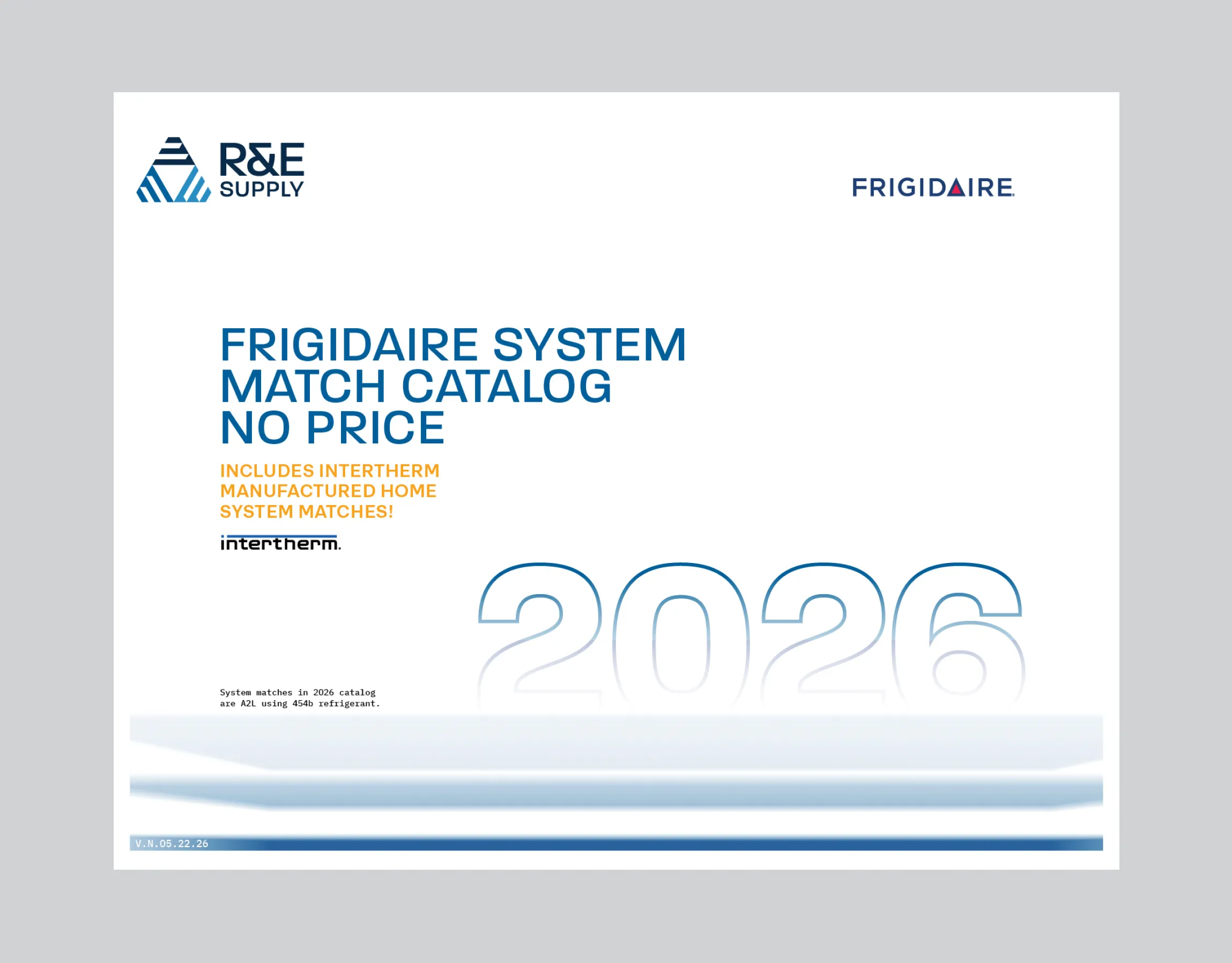 R&E Supply Frigidaire system match catalog table of contents listing split systems, package units, individual unit pricing, manufactured homes, nomenclature, and warranty policy sections, print design by Unbound Collective