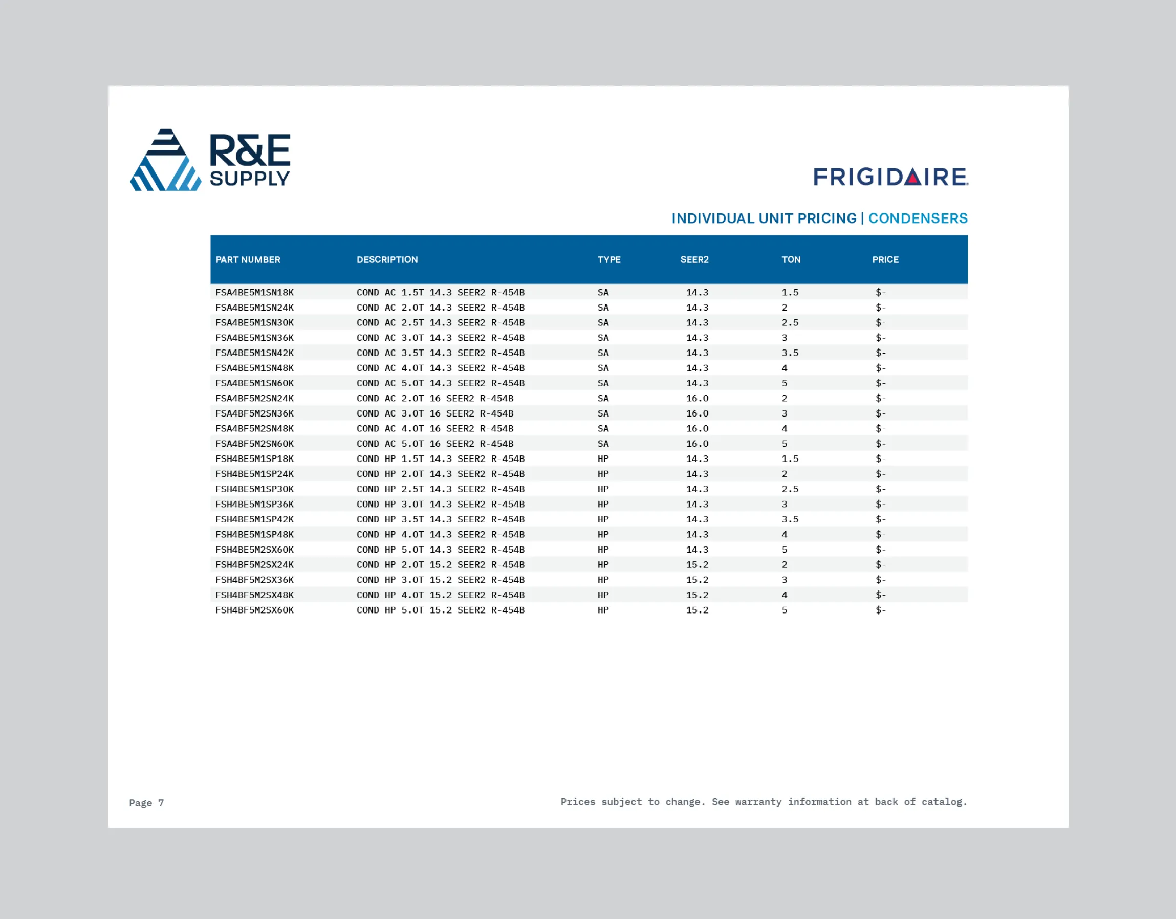 R&E Supply Frigidaire system match catalog table of contents listing split systems, package units, individual unit pricing, manufactured homes, nomenclature, and warranty policy sections, print design by Unbound Collective