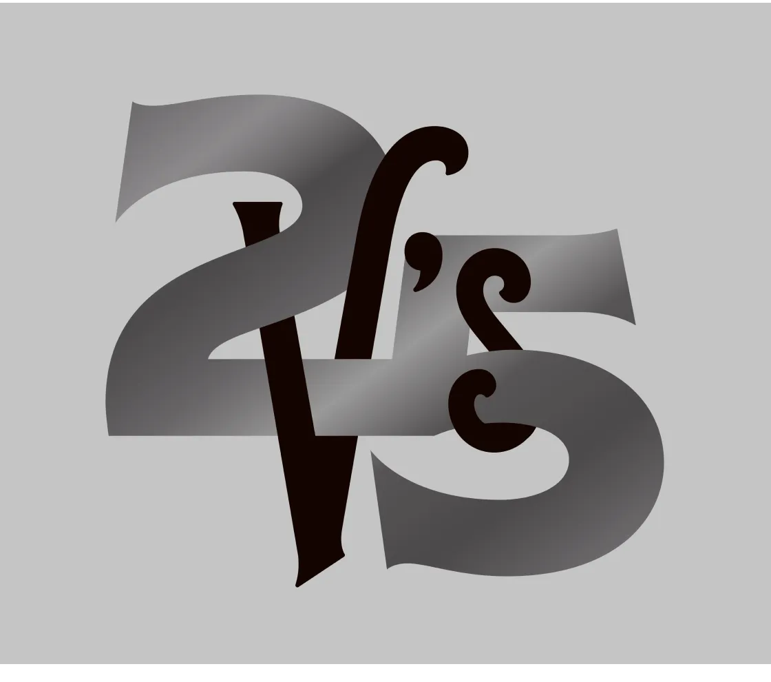 V's Barbershop 25th anniversary logo mark with overlapping 2, V's, and 5 letterforms in silver gradient on gray background, brand identity by Unbound Collective