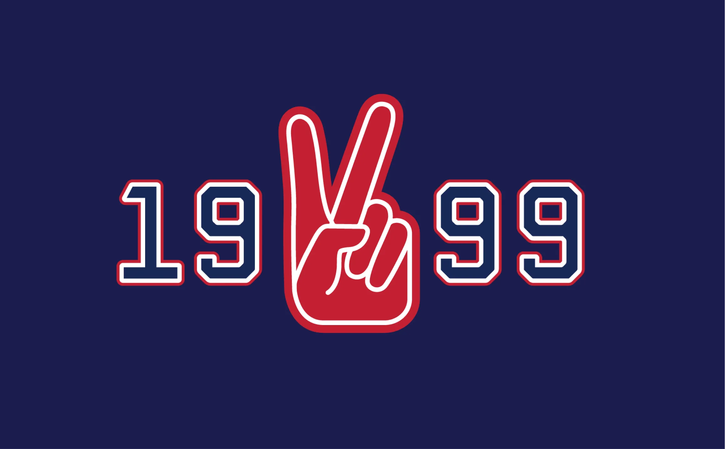 V's Barbershop 1999 established graphic with red foam peace hand sign replacing the V in varsity-style numerals on navy background, brand identity by Unbound Collective