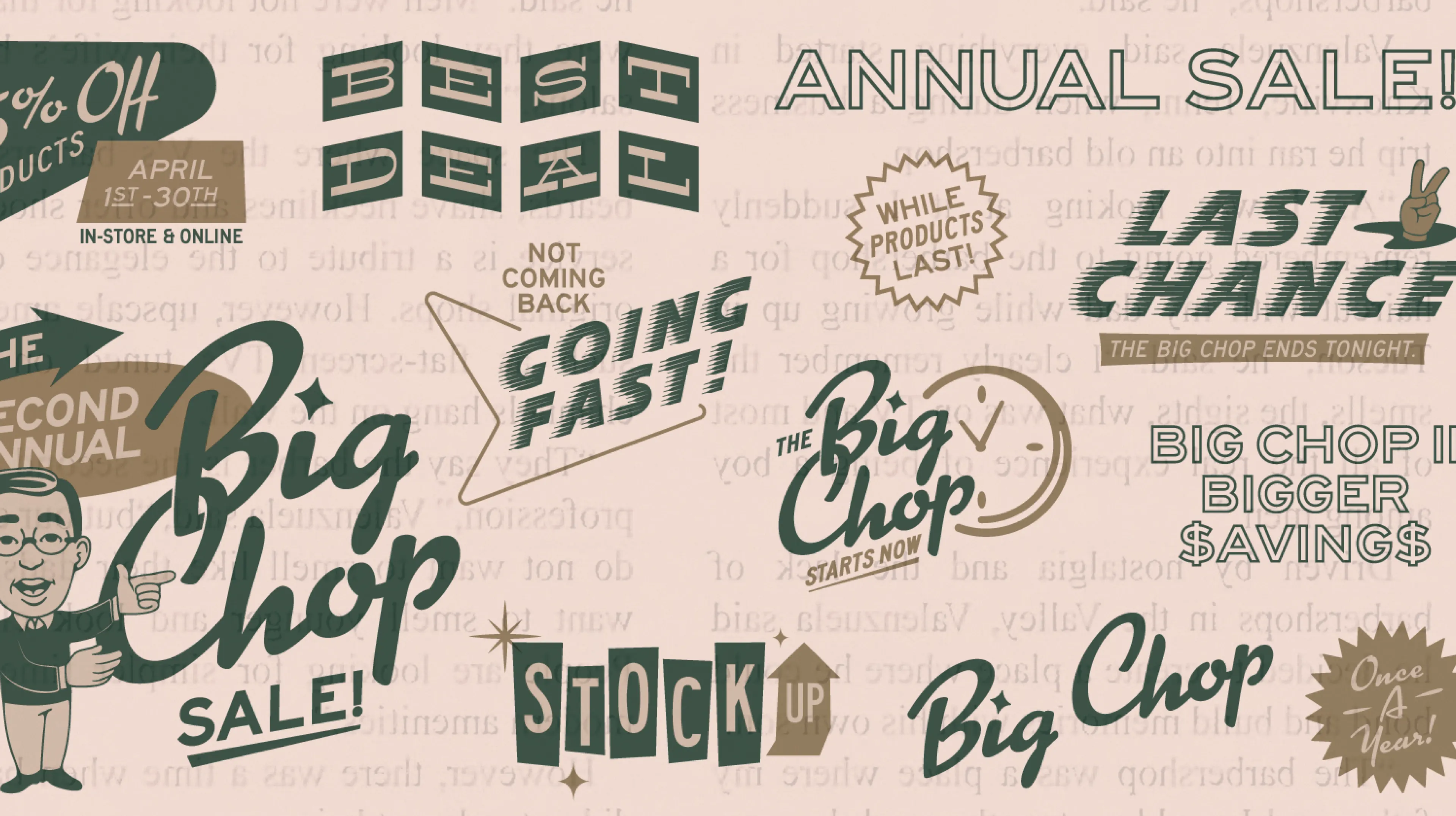 V's Barbershop Second Annual Big Chop Sale wide banner with retro typography badges including Going Fast, Stock Up, Best Deal, Last Chance, and Annual Sale on cream background, brand identity by Unbound Collective