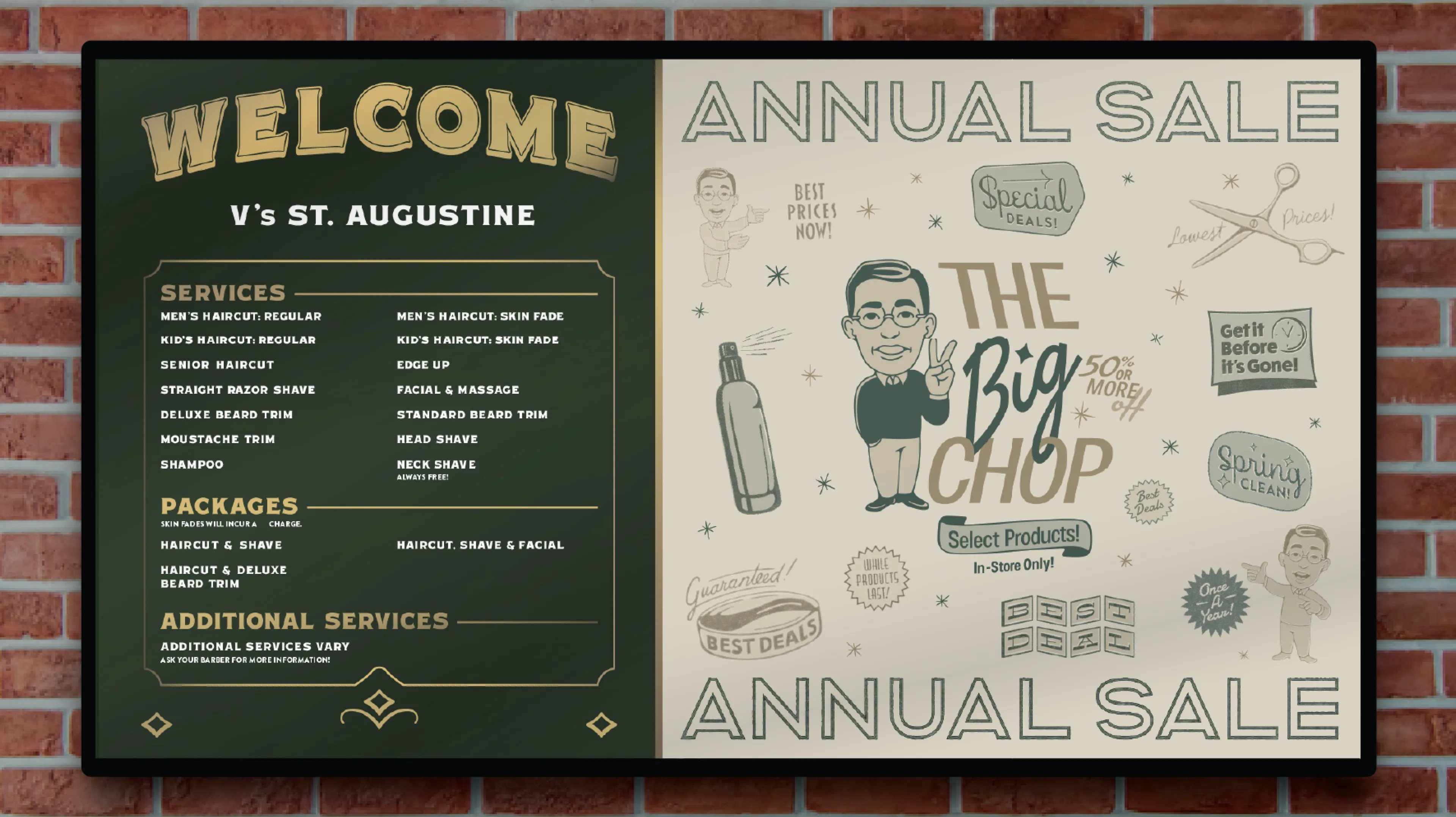 V's Barbershop St. Augustine digital signage display showing full services menu alongside Big Chop annual sale creative mounted on brick wall, digital design by Unbound Collective