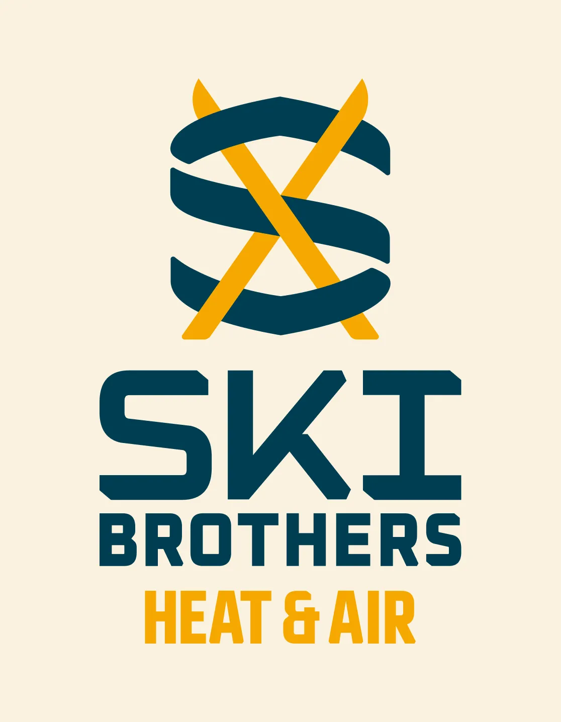 Ski Brothers Heat & Air logo on cream background featuring crossed ski icon and teal wordmark, brand identity design by Unbound Collective