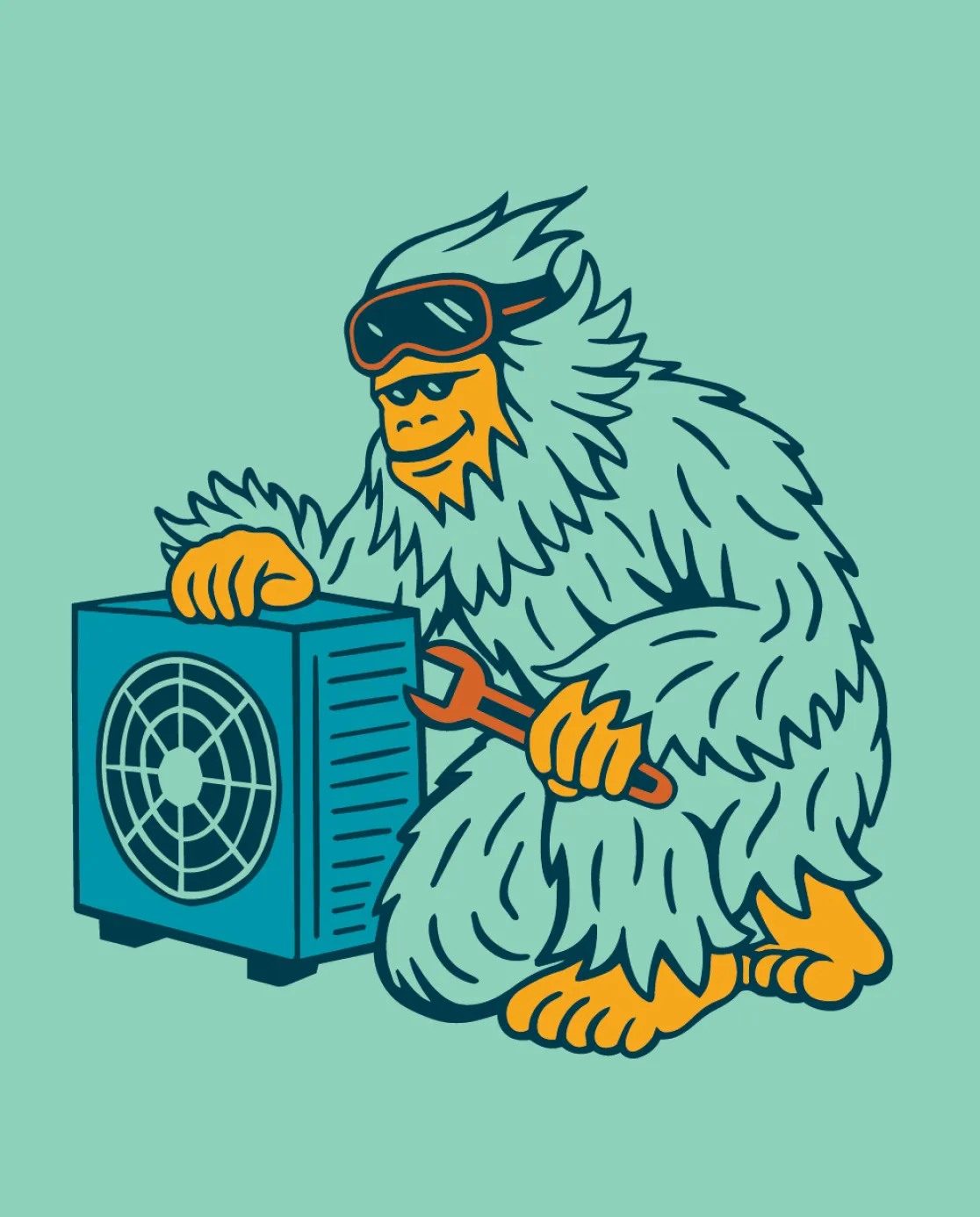 Ski Brothers Heat & Air yeti mascot illustration crouching beside an HVAC unit holding a wrench, brand identity design by Unbound Collective