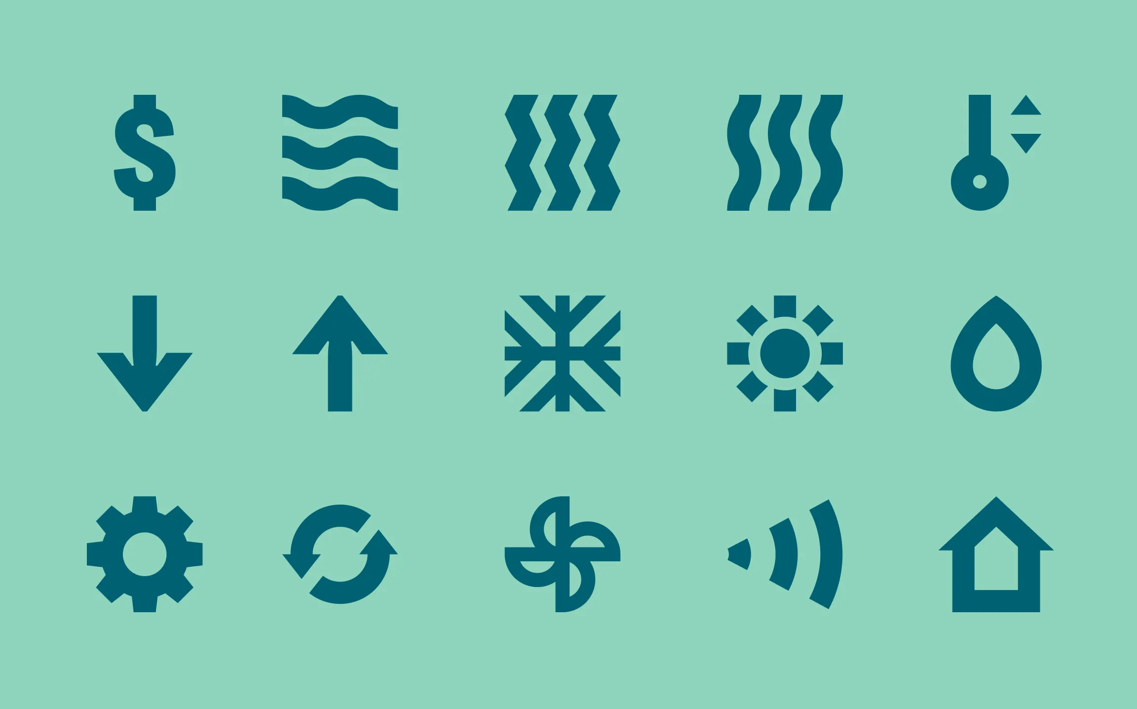 Ski Brothers Heat & Air custom HVAC icon set on teal background featuring heating, cooling, airflow, temperature, and service symbols, brand identity design by Unbound Collective