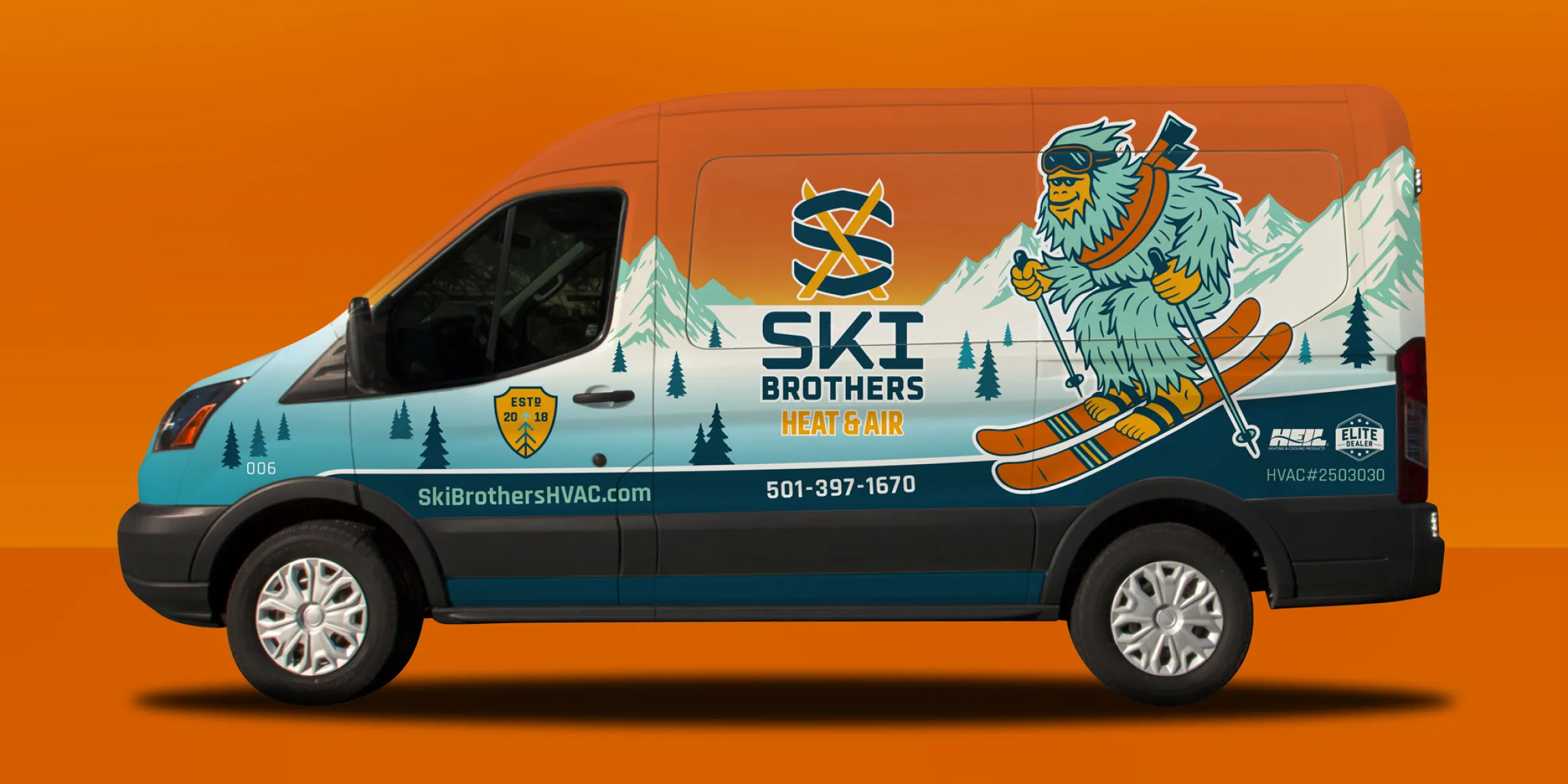 Ski Brothers Heat & Air service van wrap design showing driver side with yeti mascot skiing and mountain scene on orange background, vehicle branding by Unbound Collective