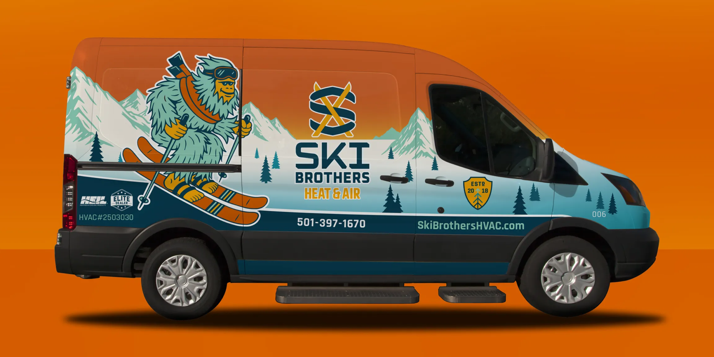 Ski Brothers Heat & Air service van wrap design showing driver side with yeti mascot skiing and mountain scene on orange background, vehicle branding by Unbound Collective