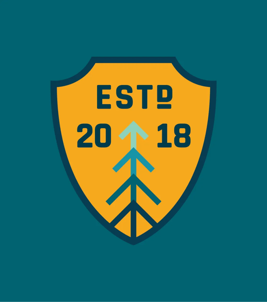 Ski Brothers Heat & Air "Estd. 2018" amber shield badge with pine tree arrow mark on dark teal background, brand identity design by Unbound Collective