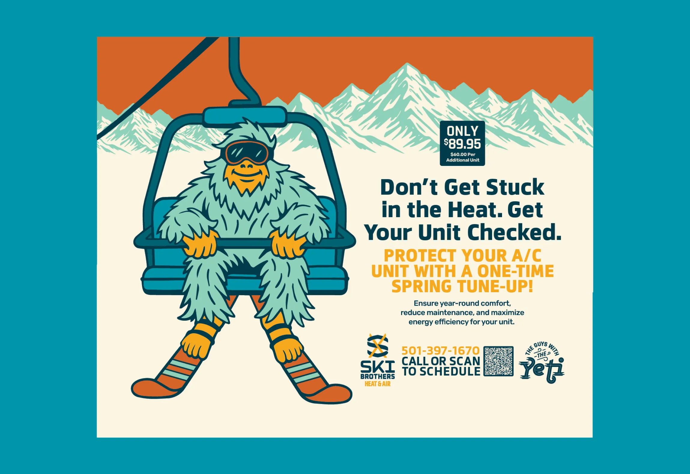 Ski Brothers Heat & Air spring AC tune-up promotional mailer featuring yeti mascot on ski lift with $89.95 pricing offer, print design by Unbound Collective