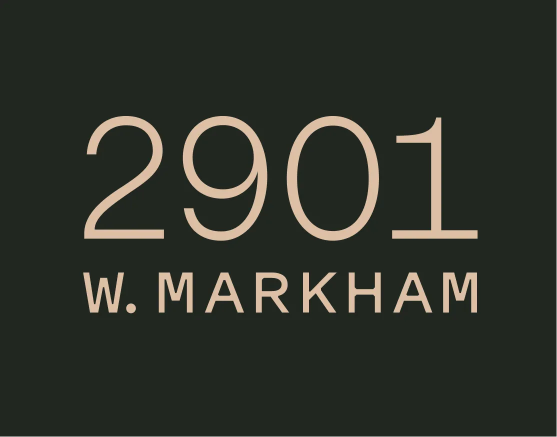 Unbound Collective studio address typography graphic reading "2901 W. Markham" in sand on dark green background, brand identity design by Unbound Collective