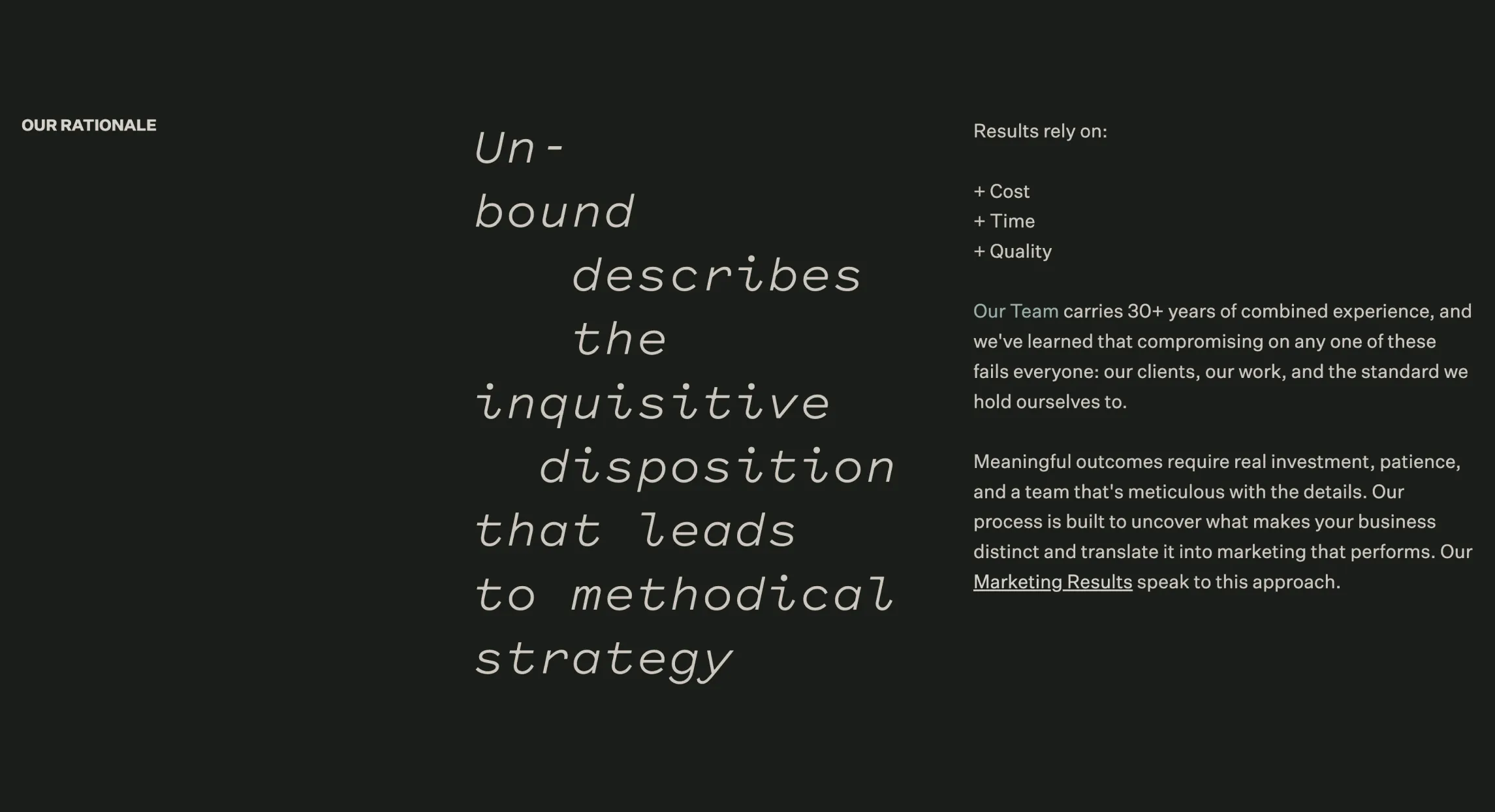 Unbound Collective website "Our Rationale" section featuring large italic typographic statement and brand philosophy copy on dark background, web design by Unbound Collective