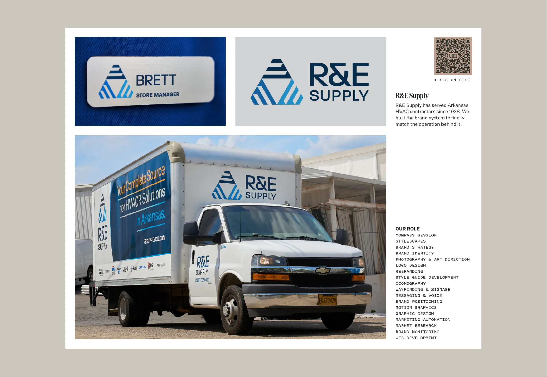 Unbound Collective portfolio showcase card for R&E Supply featuring branded delivery truck wrap, staff name badge, and logo, brand identity and web design by Unbound Collective