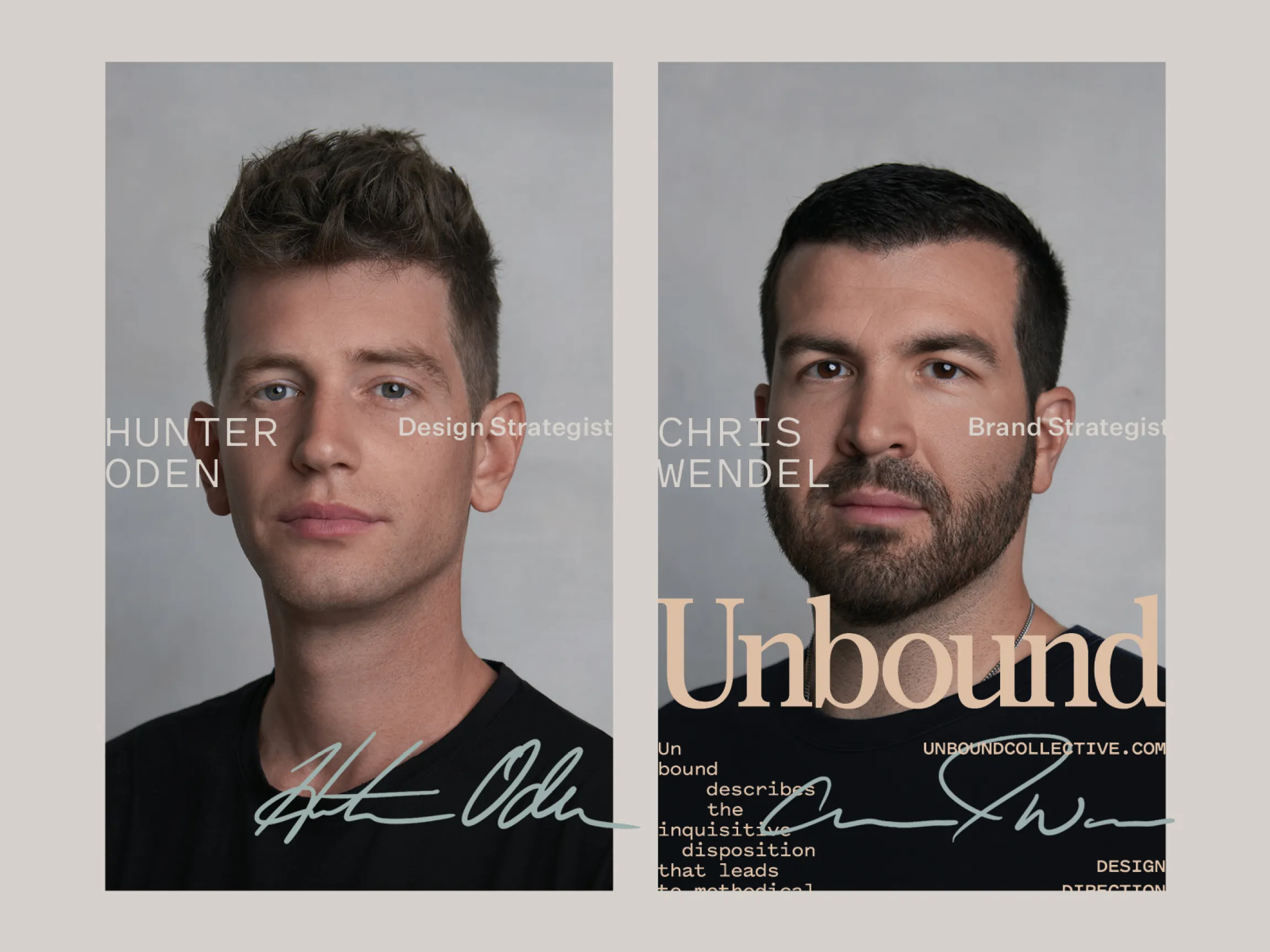 Unbound Collective founders Hunter Oden, Design Strategist, and Chris Wendel, Brand Strategist, in editorial brand photography diptych with signature overlays, brand photography by Unbound Collective