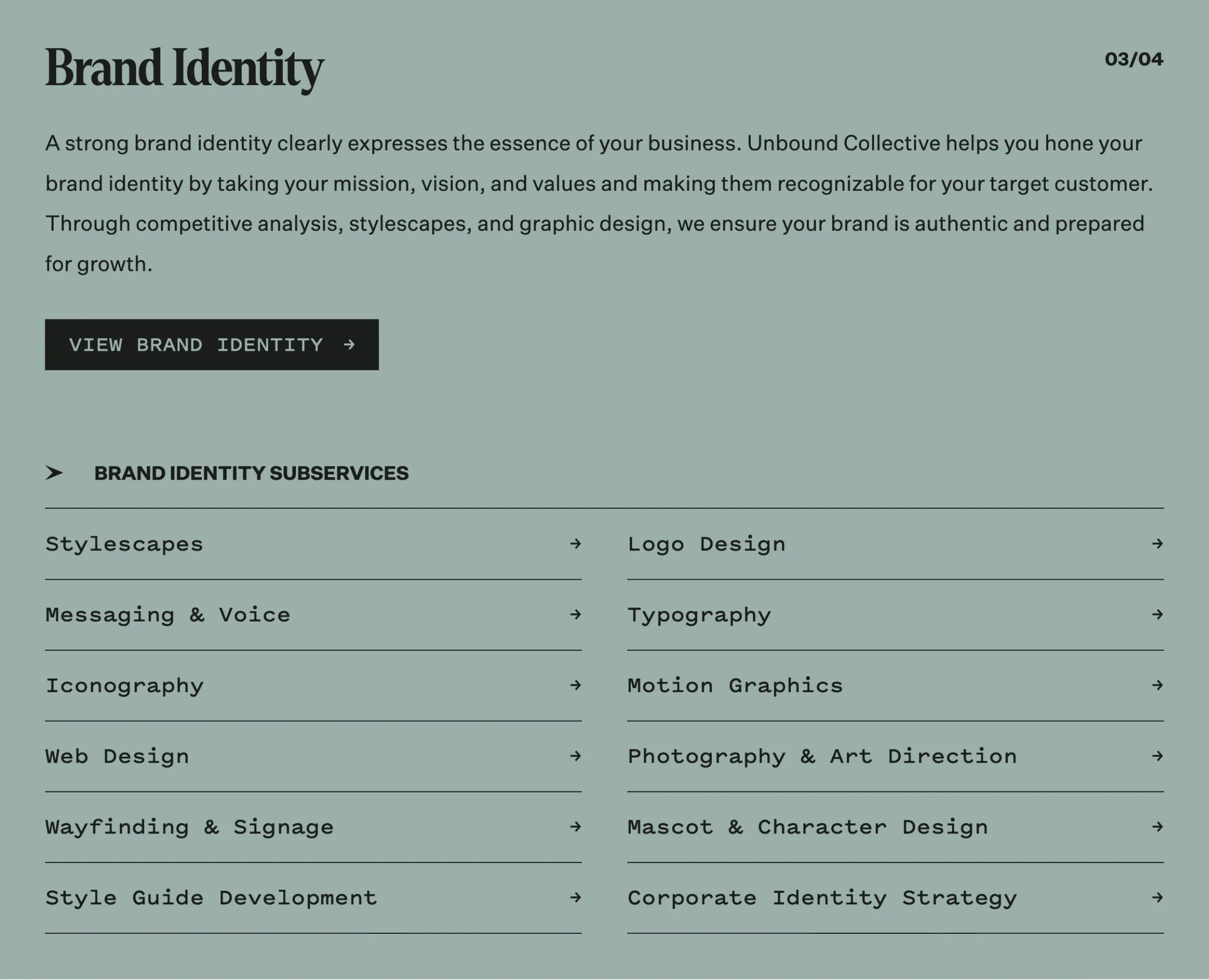Unbound Collective Brand Identity services page listing subservices including logo design, typography, web design, wayfinding, motion graphics, and photography, web design by Unbound Collective